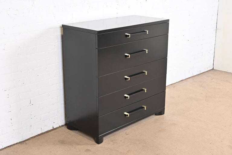 Brass John Widdicomb Art Deco Black Lacquered Highboy Dresser, Newly Refinished For Sale