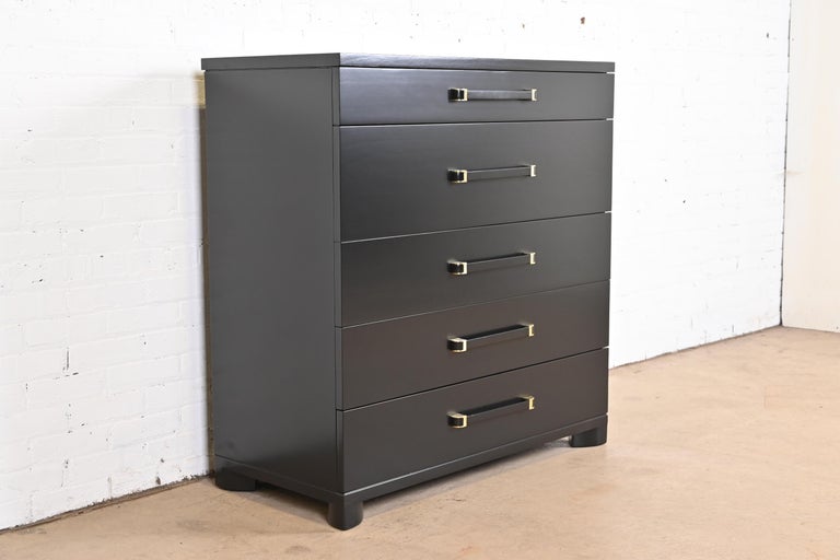 John Widdicomb Art Deco Black Lacquered Highboy Dresser, Newly Refinished For Sale 1