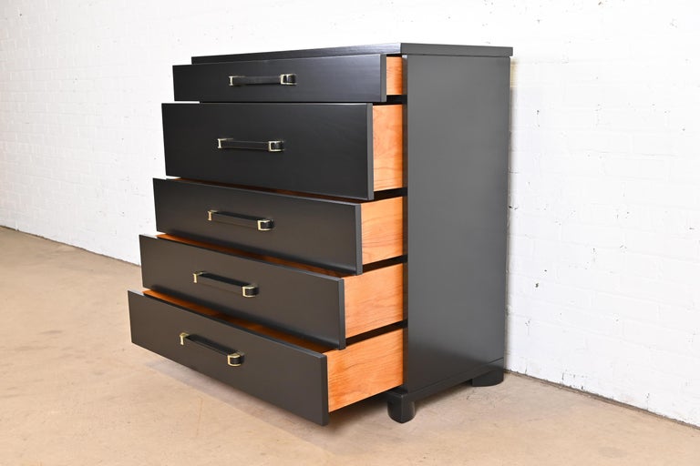 John Widdicomb Art Deco Black Lacquered Highboy Dresser, Newly Refinished For Sale 2