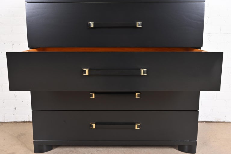 John Widdicomb Art Deco Black Lacquered Highboy Dresser, Newly Refinished For Sale 3