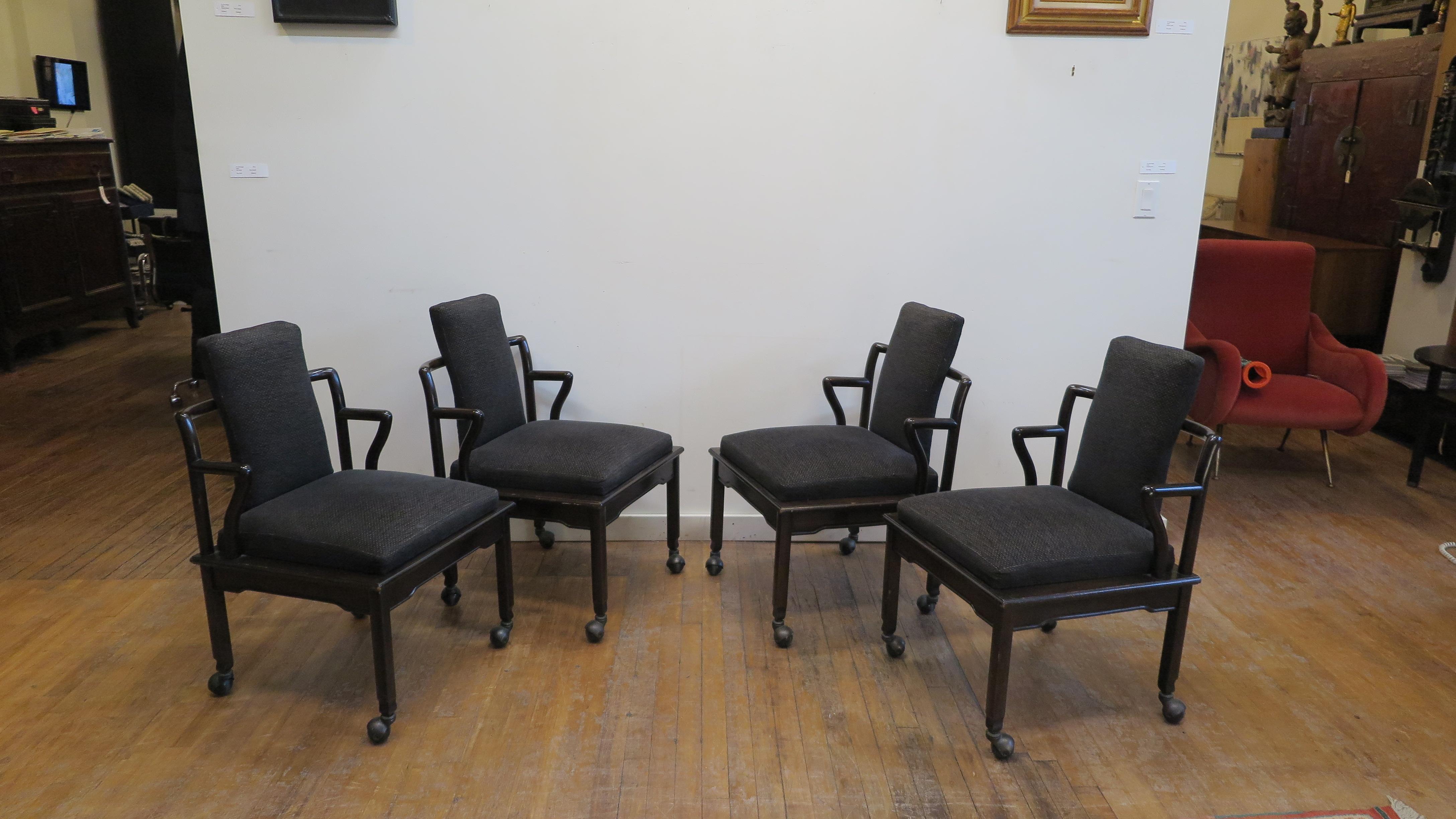John Widdicomb Asian inspired chairs. Vintage Mid-Century Modern chairs by John Widdicomb. Chinese-inspired solid walnut wood chairs, set of four, squared form with shortened arms and narrow back rest. Seat and back rest upholstered on casters. Very