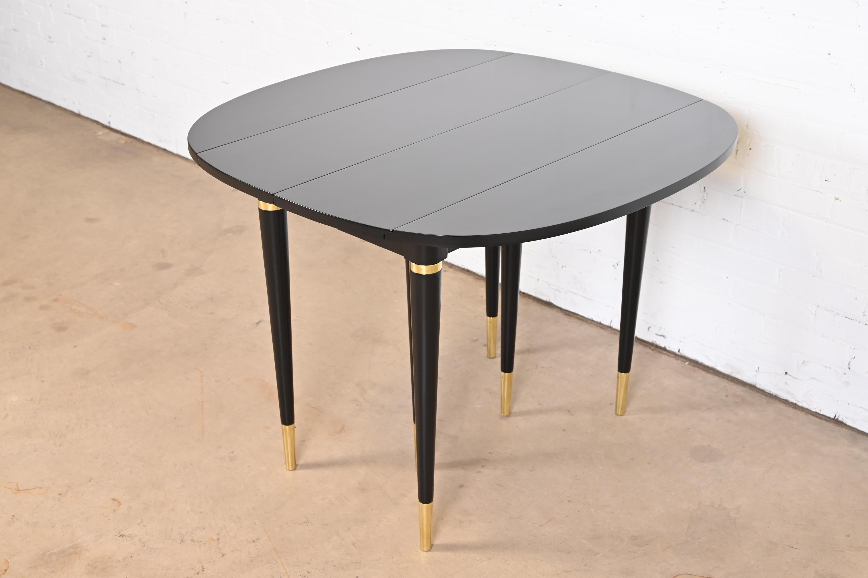 John Widdicomb Black Lacquer and Brass Extension Dining Table, Newly Refinished 4