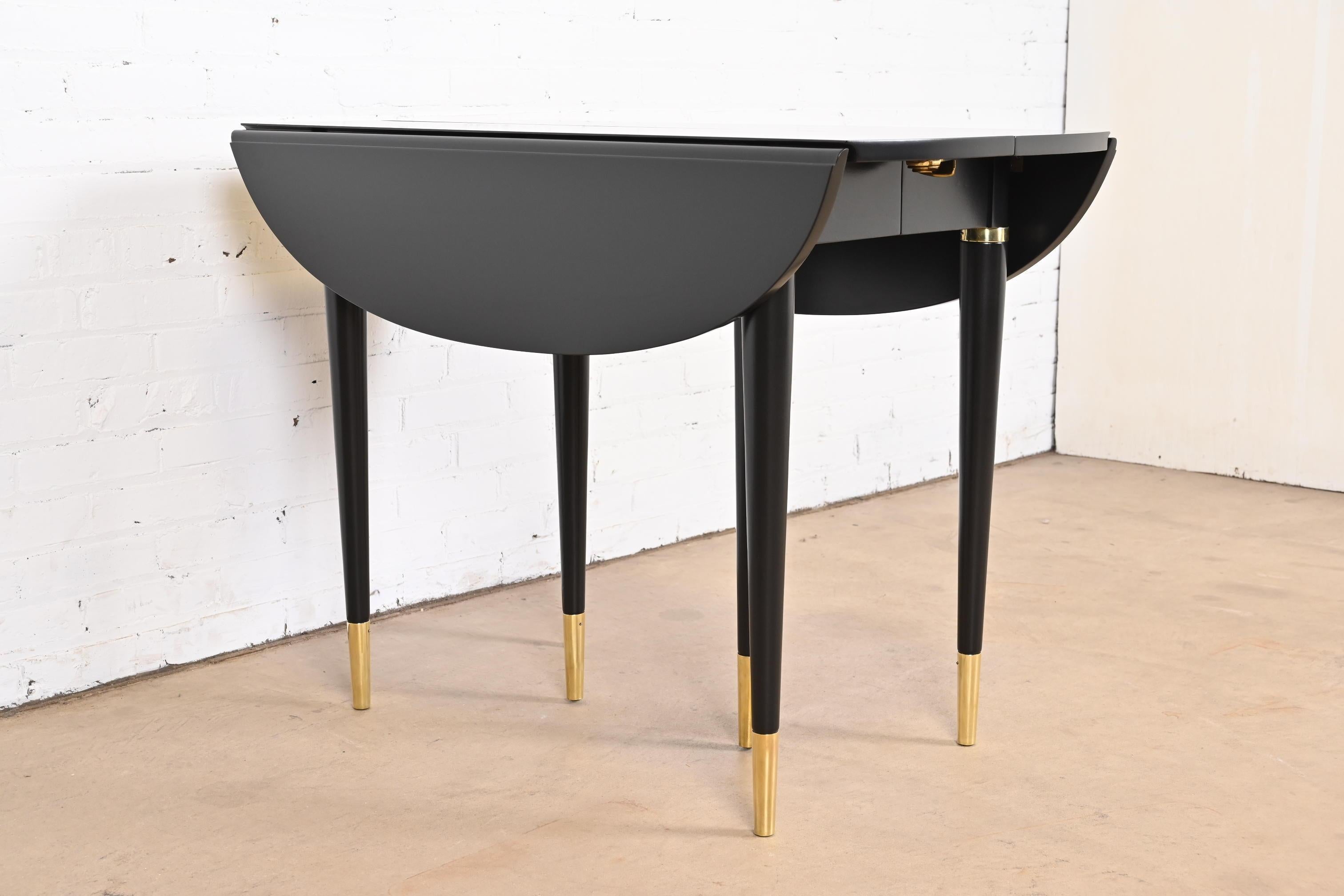 John Widdicomb Black Lacquer and Brass Extension Dining Table, Newly Refinished 9