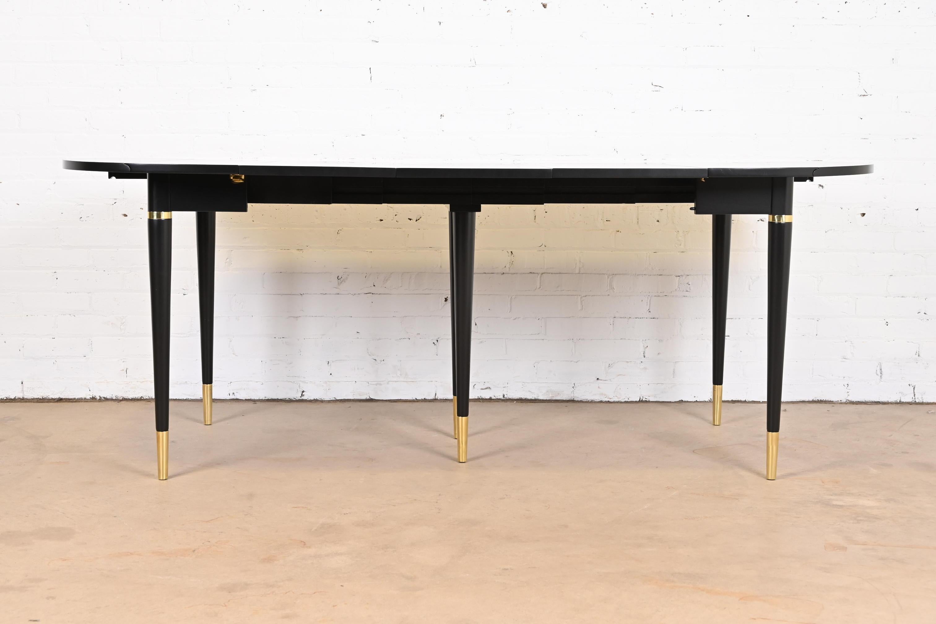 Mid-Century Modern John Widdicomb Black Lacquer and Brass Extension Dining Table, Newly Refinished