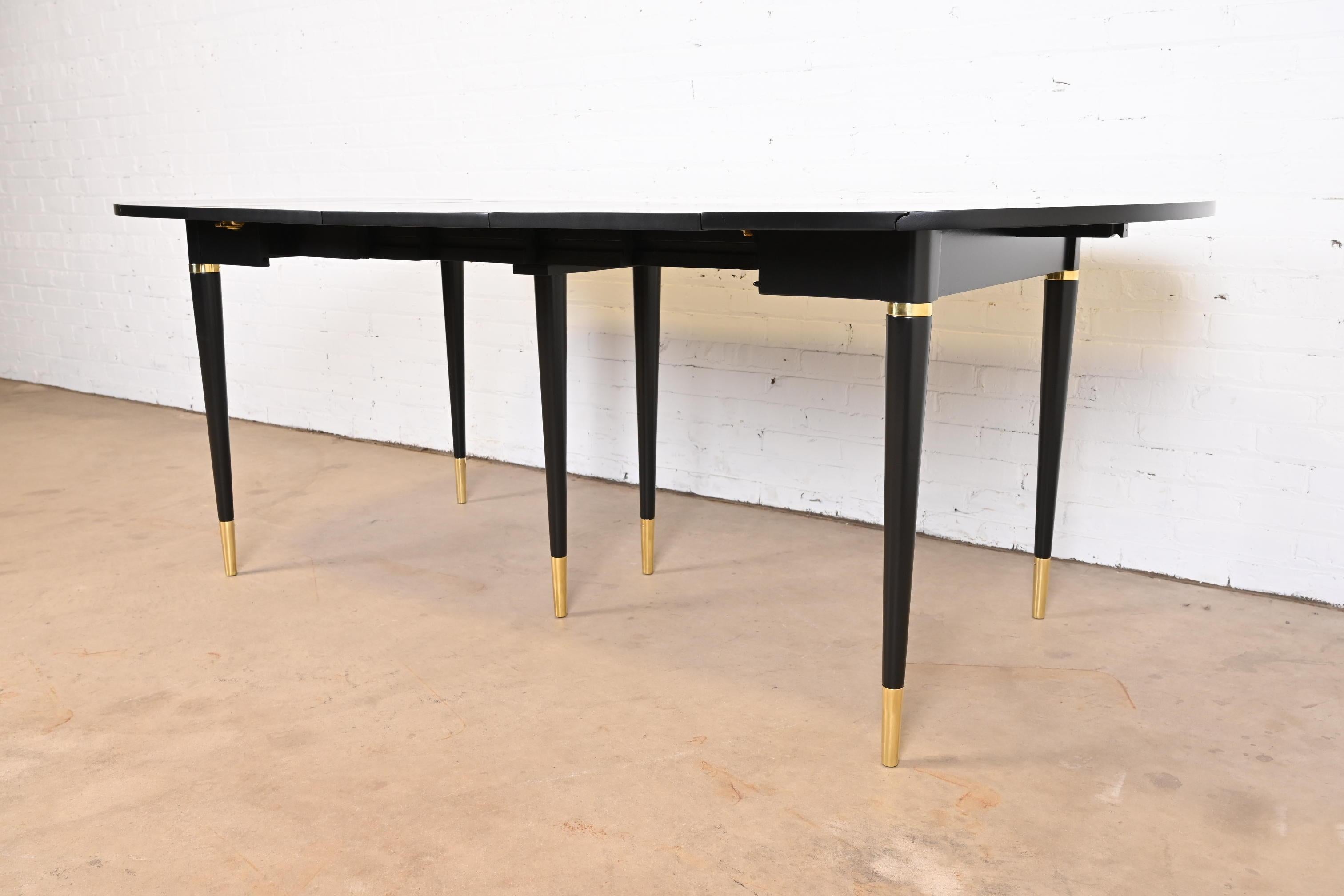 American John Widdicomb Black Lacquer and Brass Extension Dining Table, Newly Refinished