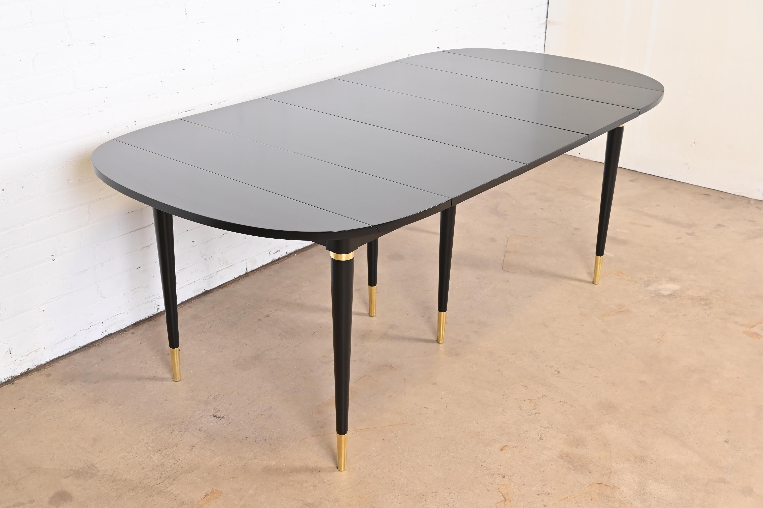 John Widdicomb Black Lacquer and Brass Extension Dining Table, Newly Refinished In Good Condition In South Bend, IN