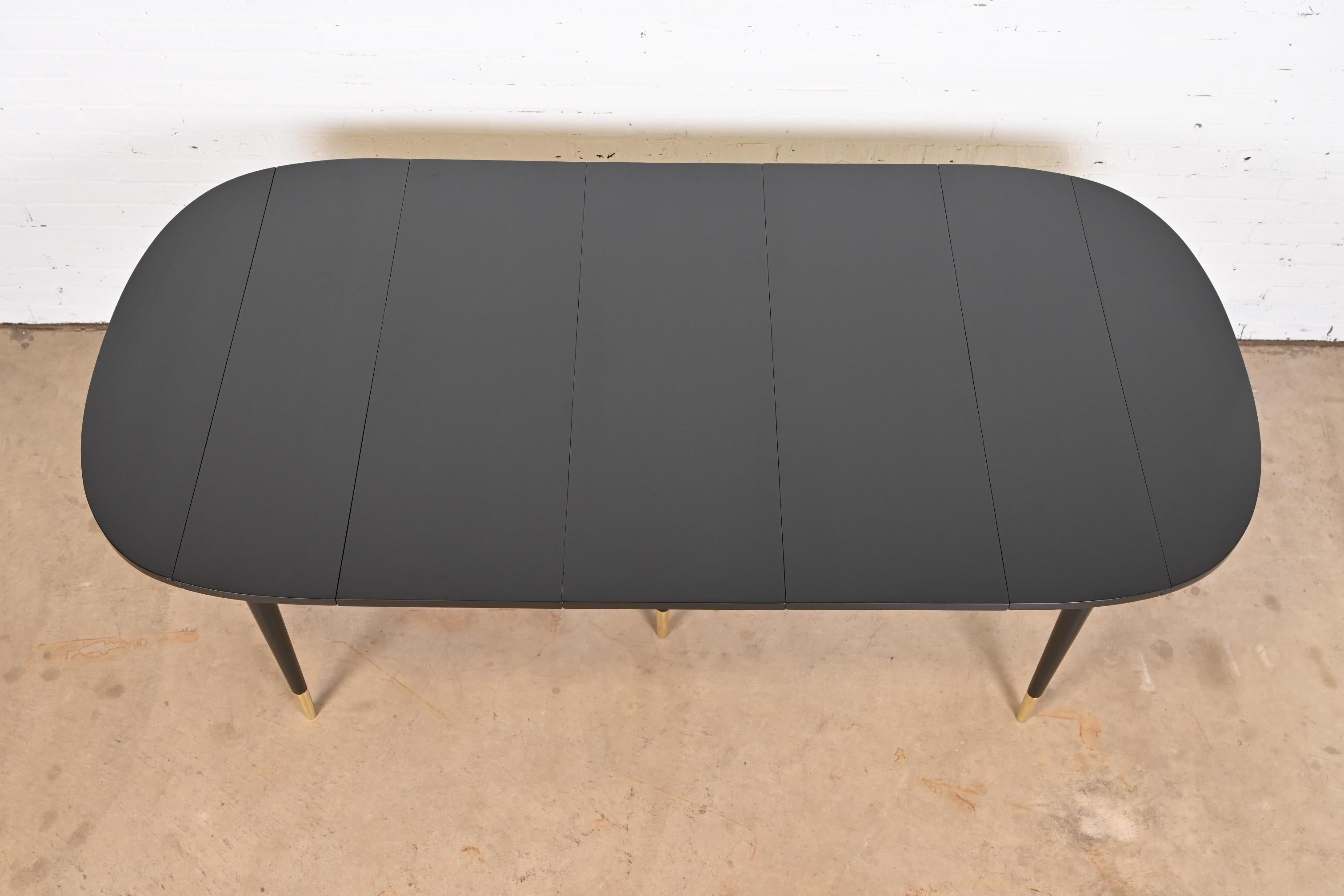 John Widdicomb Black Lacquer and Brass Extension Dining Table, Newly Refinished 1