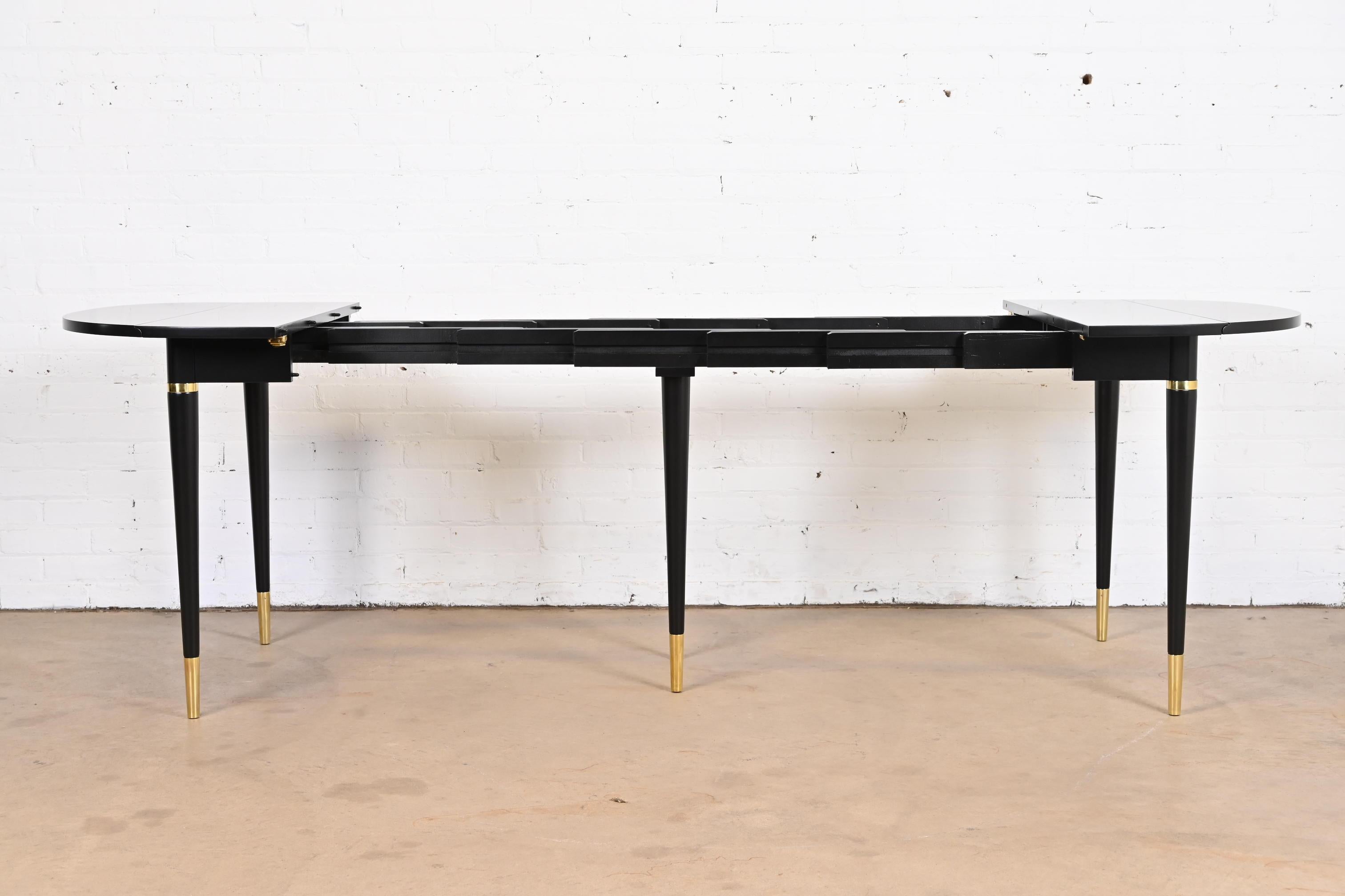 John Widdicomb Black Lacquer and Brass Extension Dining Table, Newly Refinished 2