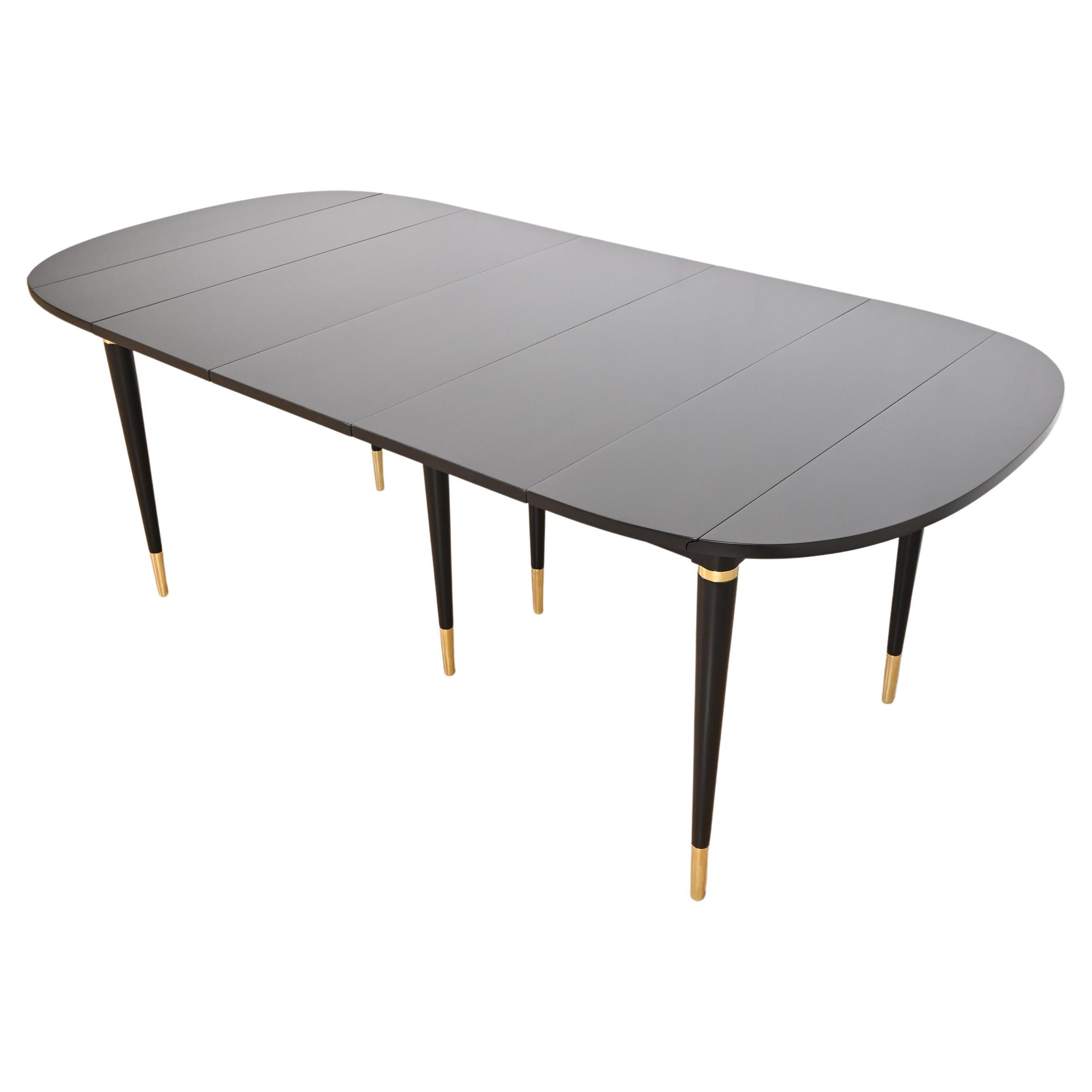 John Widdicomb Black Lacquer and Brass Extension Dining Table, Newly Refinished