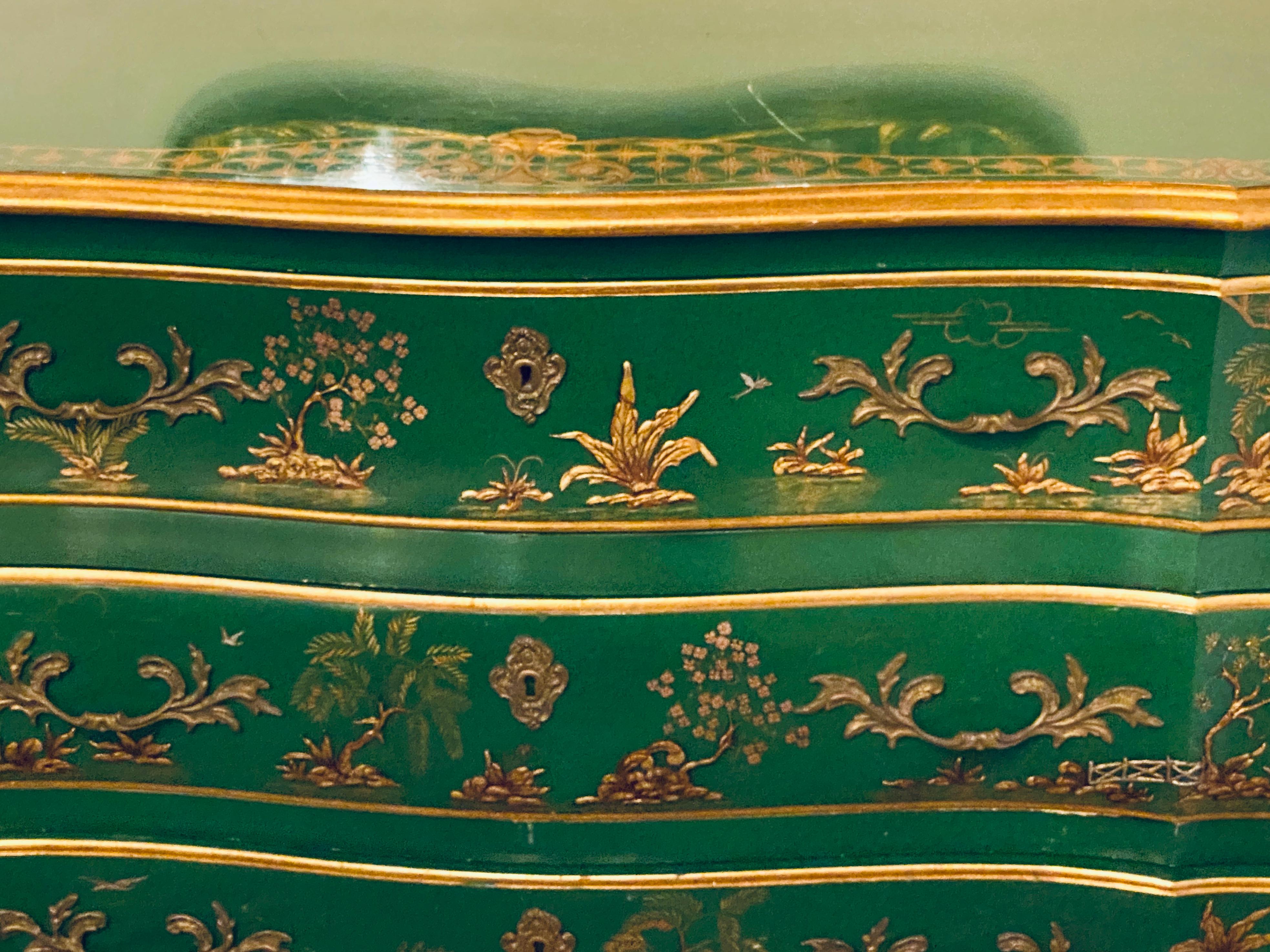 John Widdicomb Bombay Chinoiserie Paint Decorated Commode Chest Raised Carvings In Good Condition In Stamford, CT