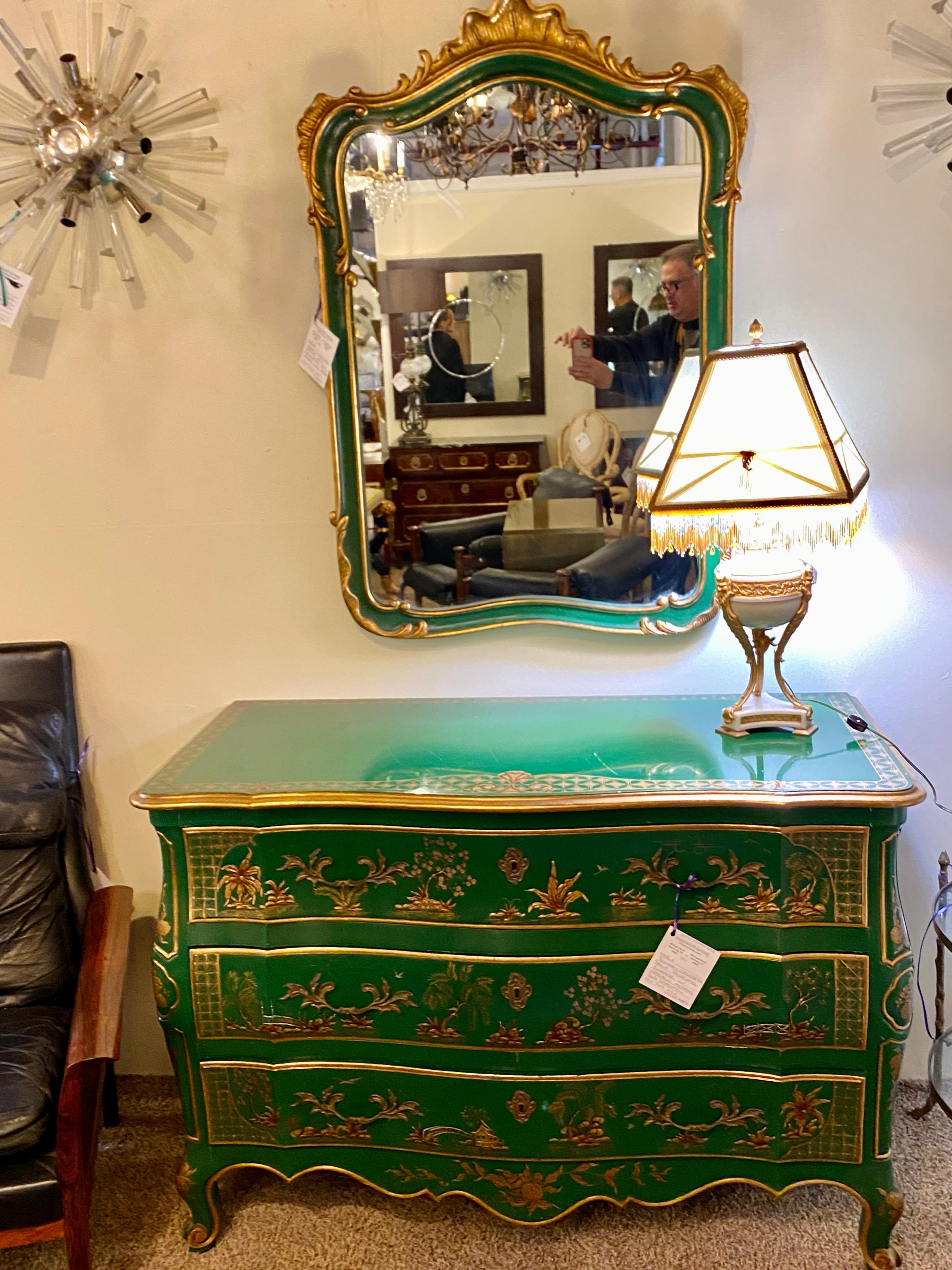 Mid-20th Century John Widdicomb Bombay Chinoiserie Paint Decorated Commode Chest Raised Carvings