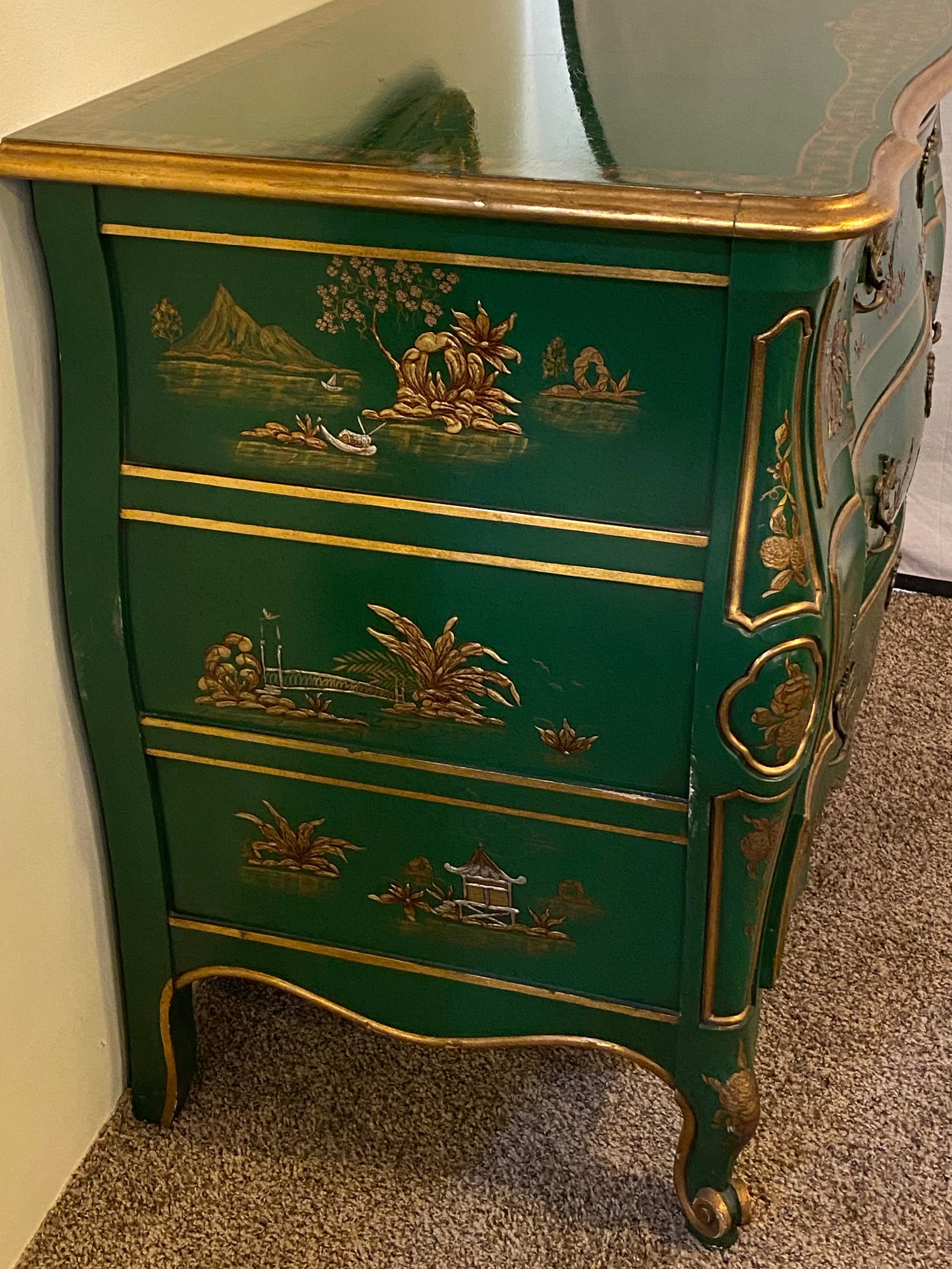 Wood John Widdicomb Bombay Chinoiserie Paint Decorated Commode Chest Raised Carvings