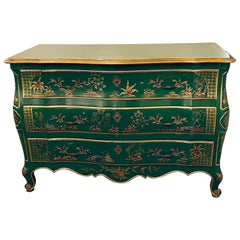 John Widdicomb Bombay Chinoiserie Paint Decorated Commode Chest Raised Carvings
