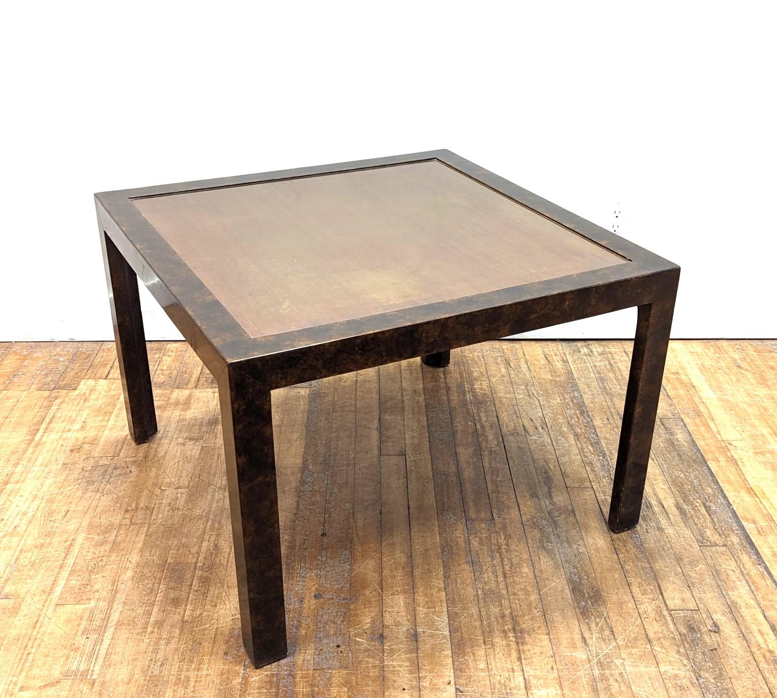 Unique & Rare John Widdicomb Faux Bronzed with Brass Patinaed Console Side End Table. 
A Table Faux Bronzed frame with Brass Patinaed inset top. Simple elegant parsons style table with simulated faux bronzed spotting metal effect similar to