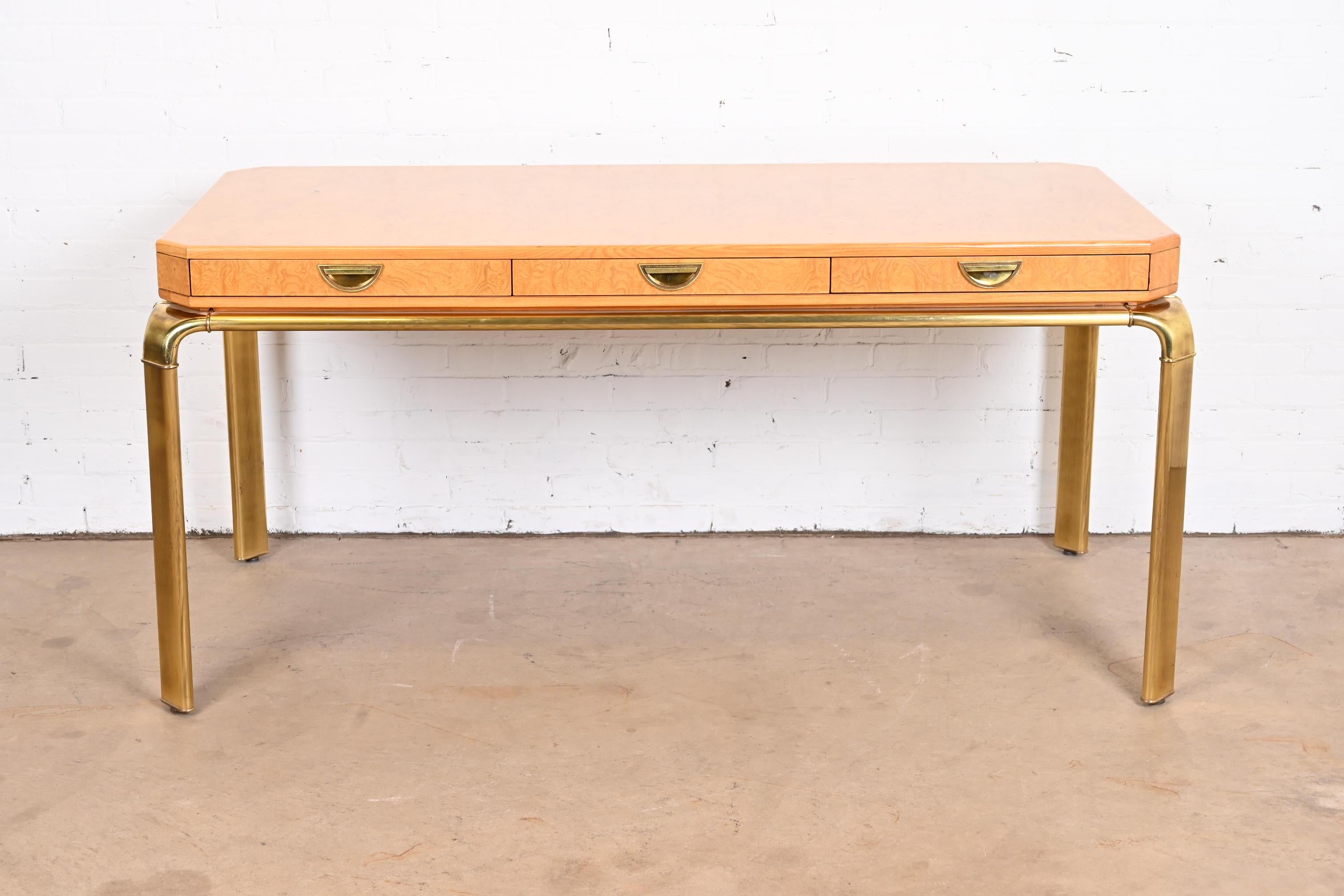 Mid-Century Modern John Widdicomb Burl Wood and Brass Executive Desk, Newly Refinished For Sale