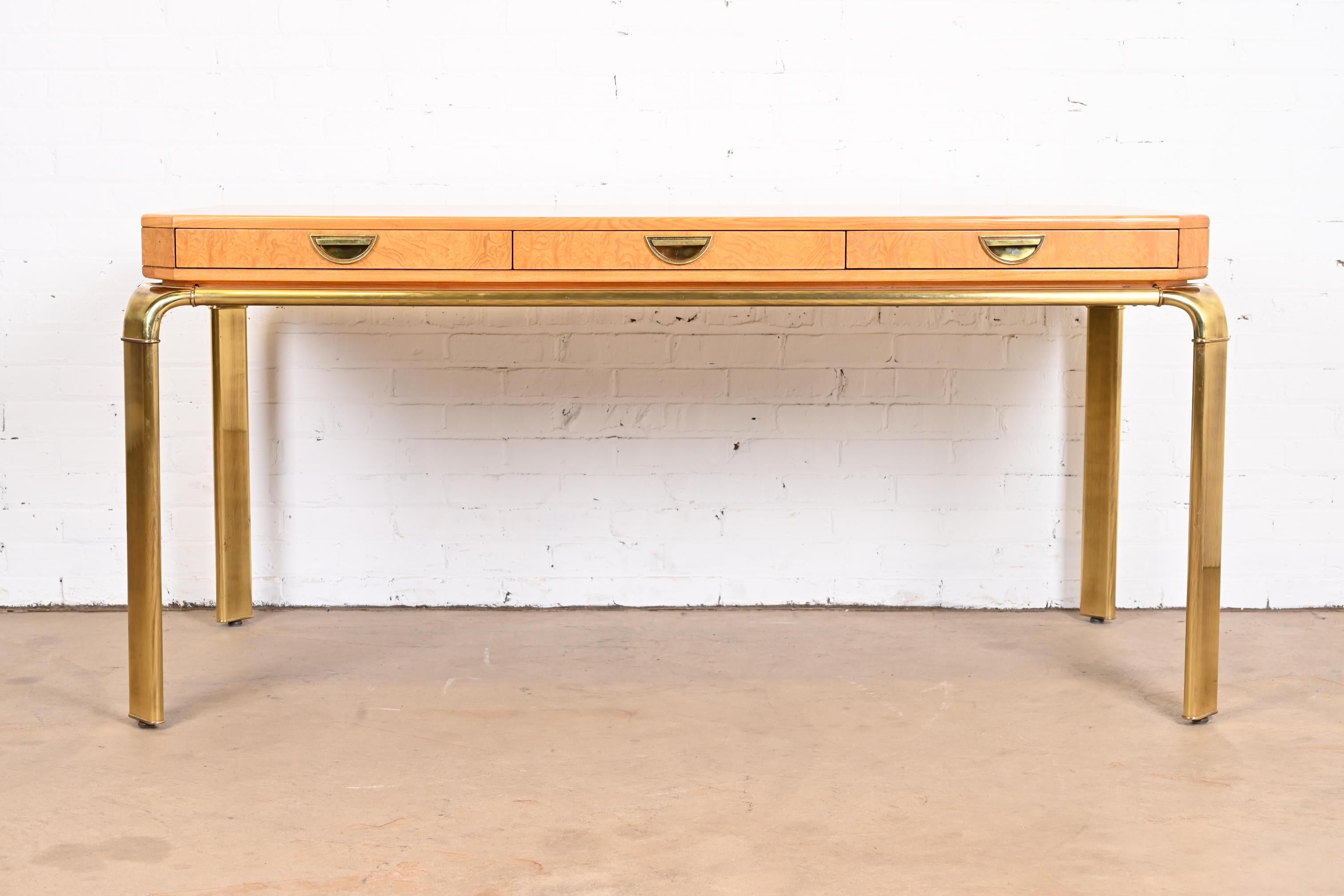 American John Widdicomb Burl Wood and Brass Executive Desk, Newly Refinished For Sale