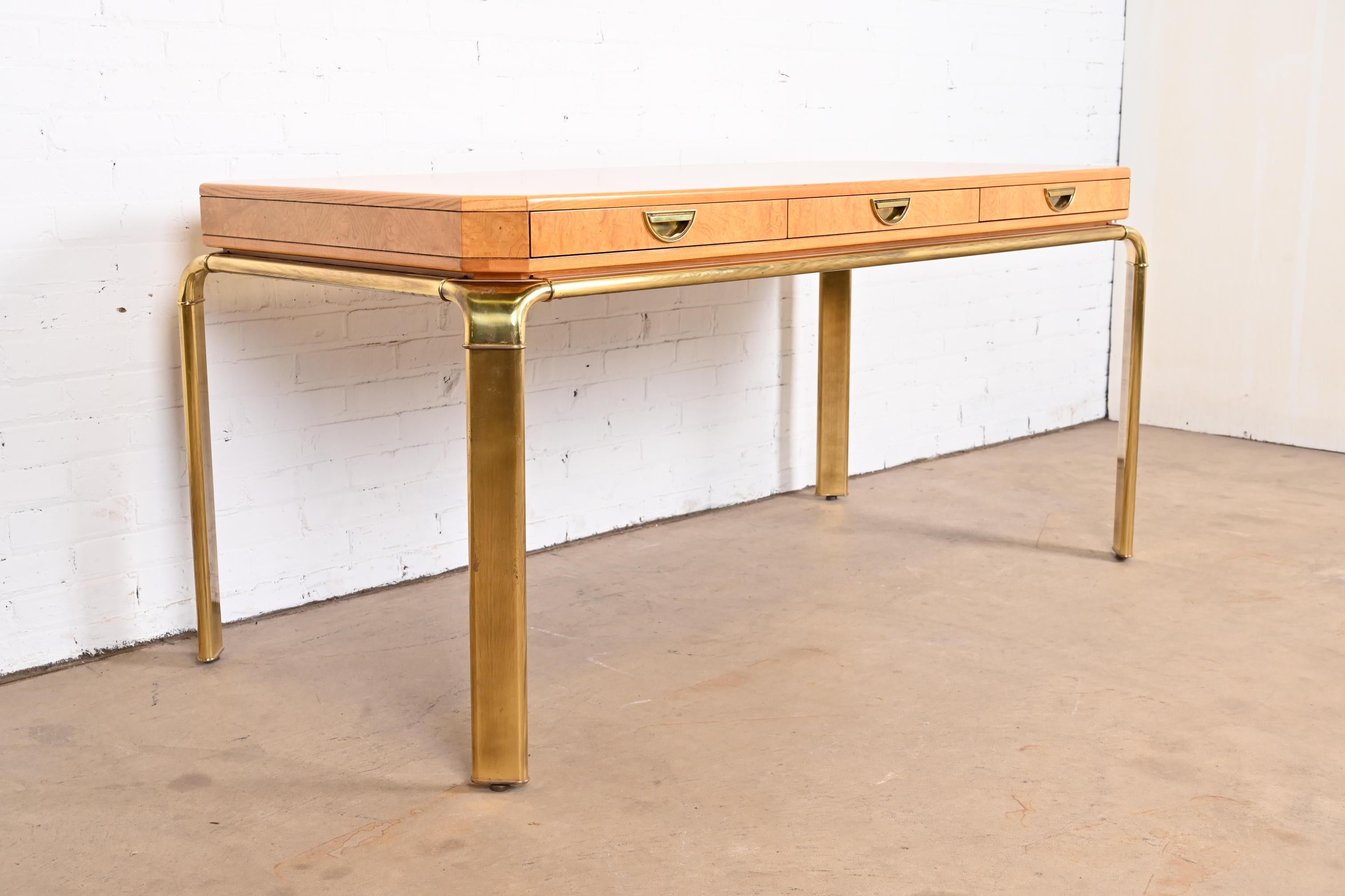 20th Century John Widdicomb Burl Wood and Brass Executive Desk, Newly Refinished For Sale
