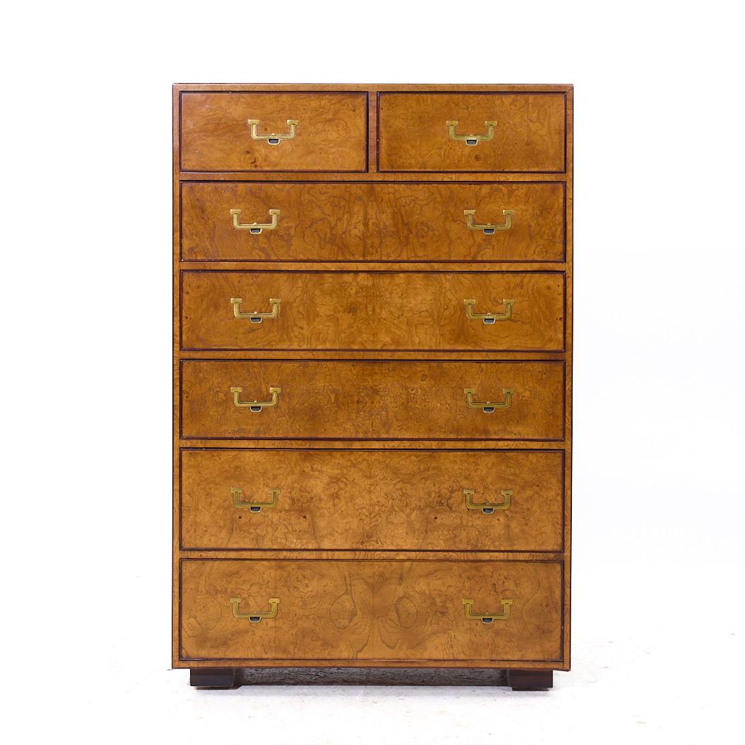 John Widdicomb Campaign Mid Century Burlwood and Brass Highboy Dresser

This highboy measures: 36 wide x 19 deep x 55.25 inches high

All pieces of furniture can be had in what we call restored vintage condition. That means the piece is restored