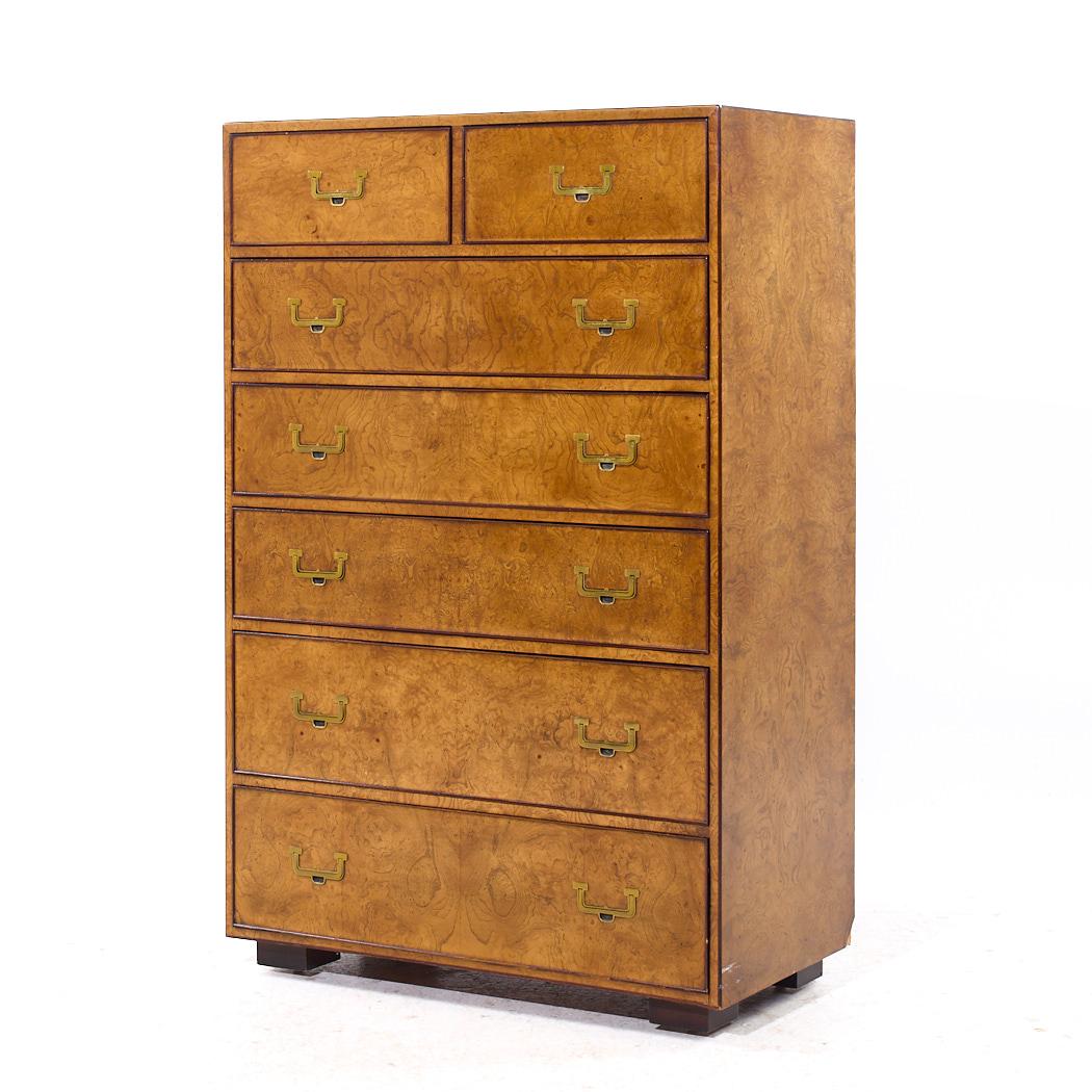 Mid-Century Modern John Widdicomb Campaign Mid Century Burlwood and Brass Highboy Dresser For Sale