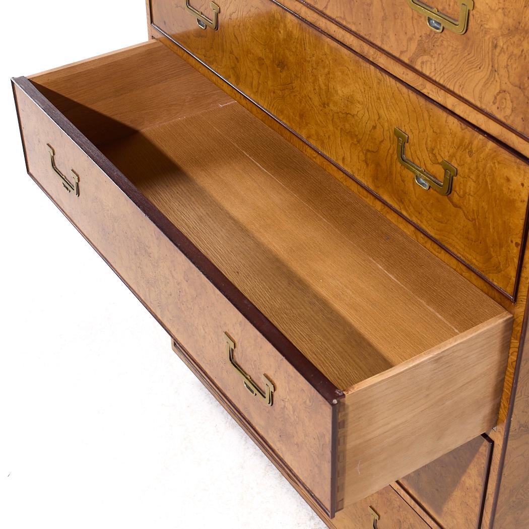 Late 20th Century John Widdicomb Campaign Mid Century Burlwood and Brass Highboy Dresser For Sale