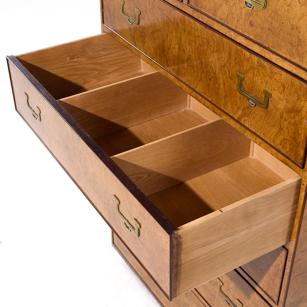 John Widdicomb Campaign Mid Century Burlwood and Brass Highboy Dresser For Sale 1