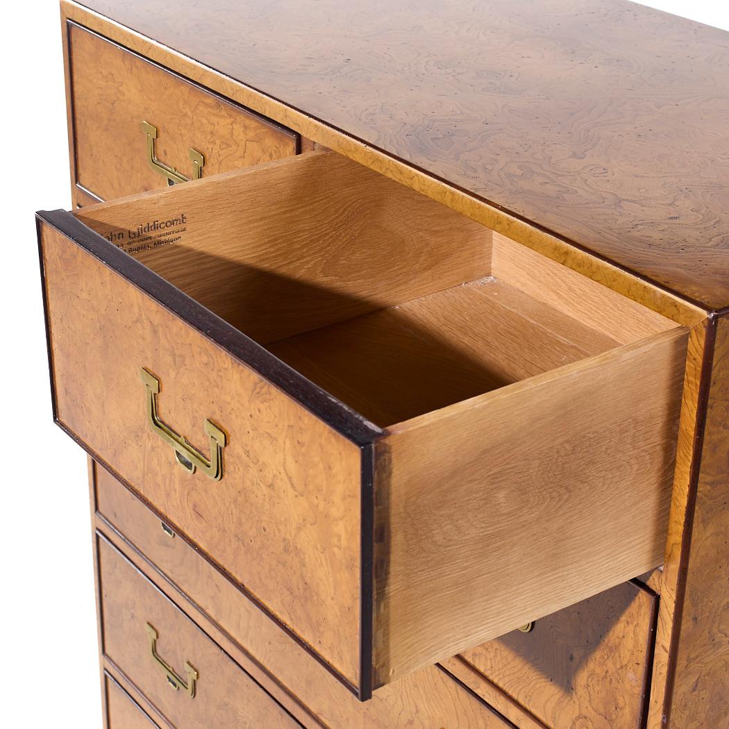 John Widdicomb Campaign Mid Century Burlwood and Brass Highboy Dresser For Sale 2