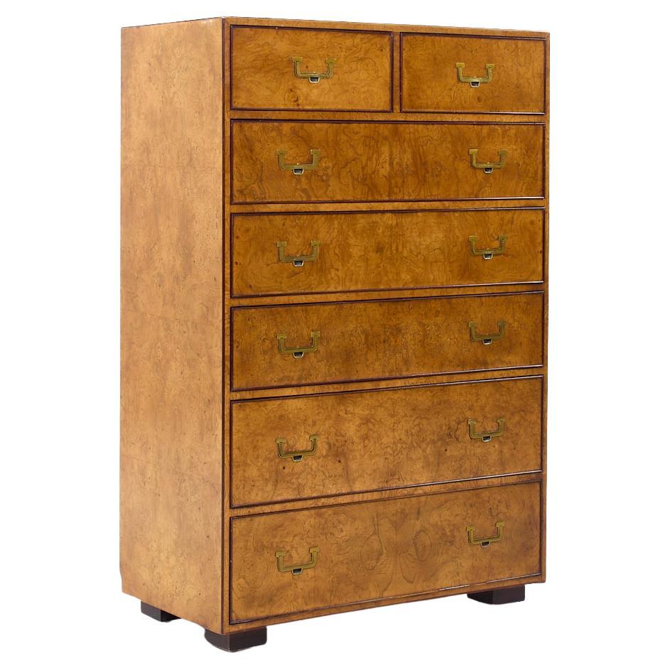 John Widdicomb Campaign Mid Century Burlwood and Brass Highboy Dresser