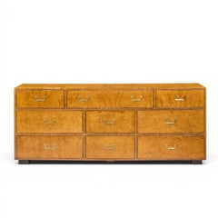 John Widdicomb Campaign Mid Century Burlwood and Brass Lowboy Dresser