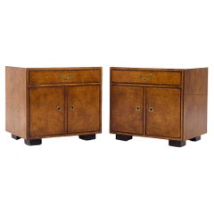 John Widdicomb Campaign Mid Century Burlwood and Brass Nightstands - Pair