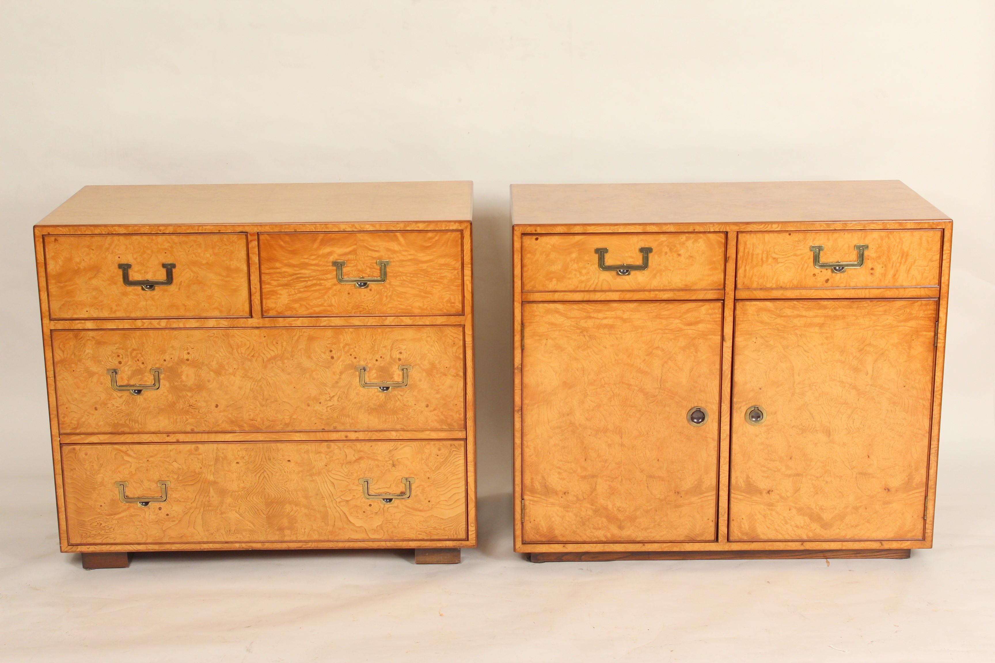 John Widdicomb Campaign style burled ash chest drawers and matching cabinet, late 20th century.