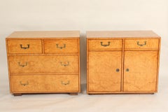 John Widdicomb campaign style Burl Ash Chest of Drawers and Matching Cabinet