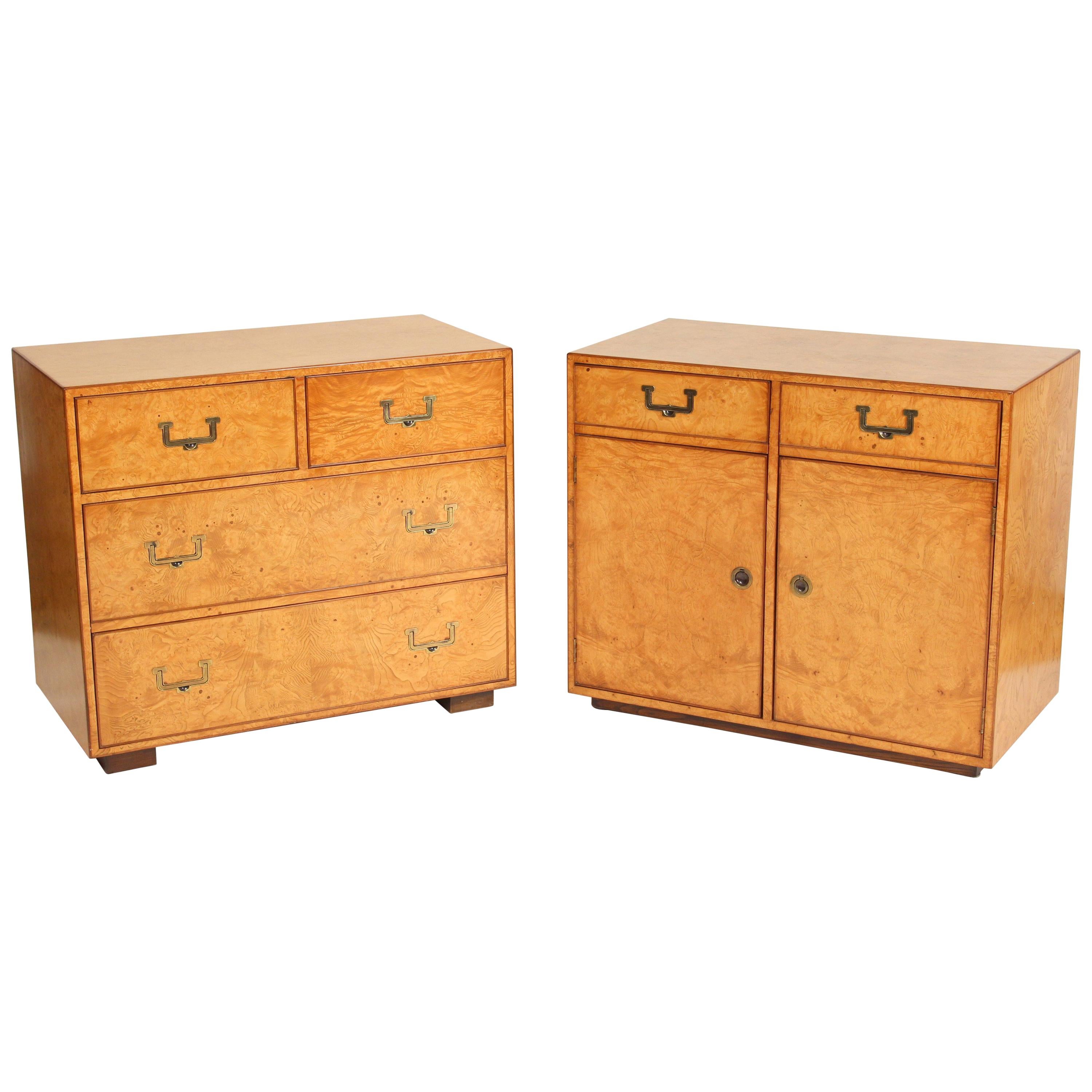John Widdicomb campaign style Burl Ash Chest of Drawers and Matching Cabinet