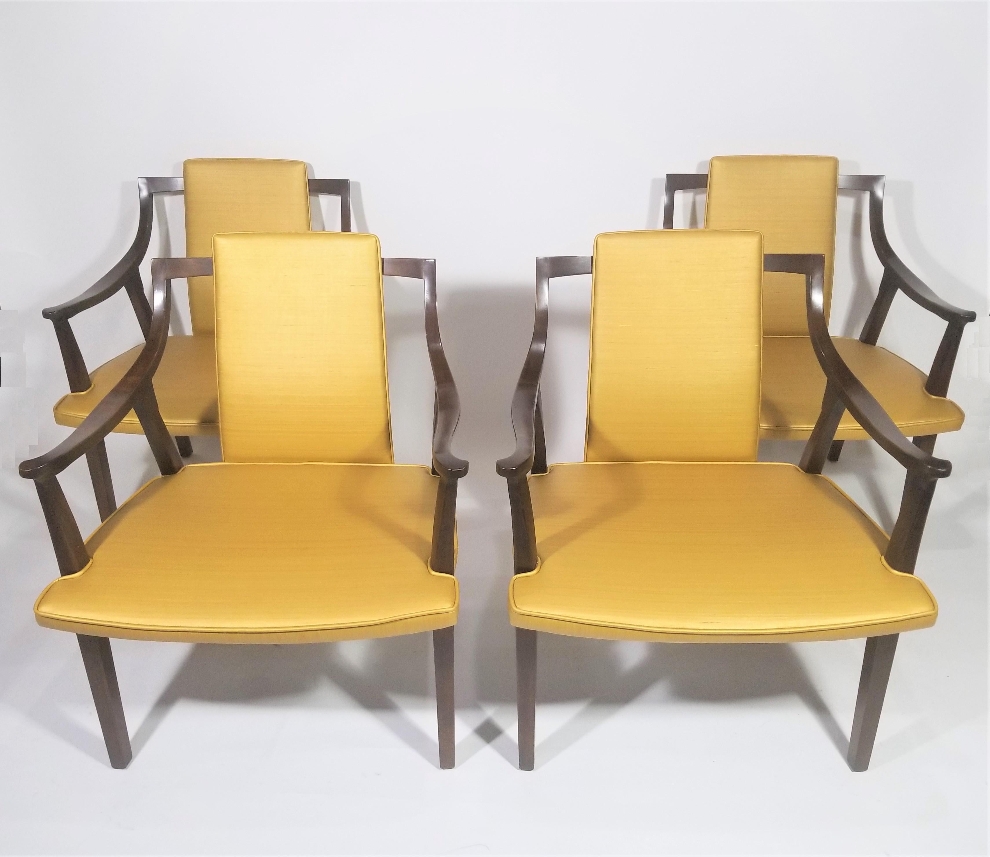 Mid Century 1960s 1970s John Widdicomb Chairs. Known for a history of high quality furniture. Chic design with elegant open arm wood frames and original upholstered seats and backrests. Excellent Condition exhibiting only minimal minor signs of