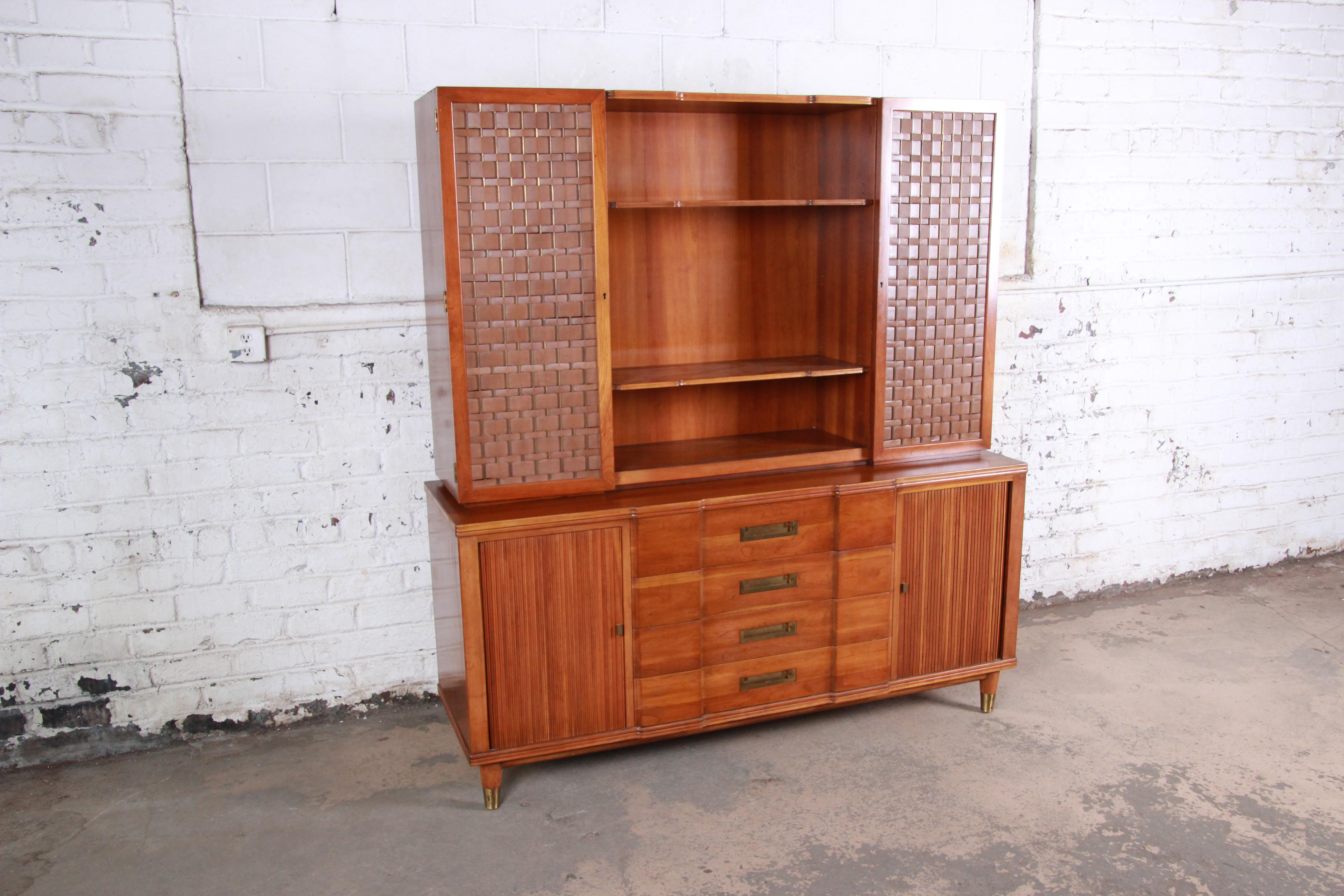 Mid-Century Modern John Widdicomb Cherry Sideboard Credenza with Woven Leather and Brass Hutch