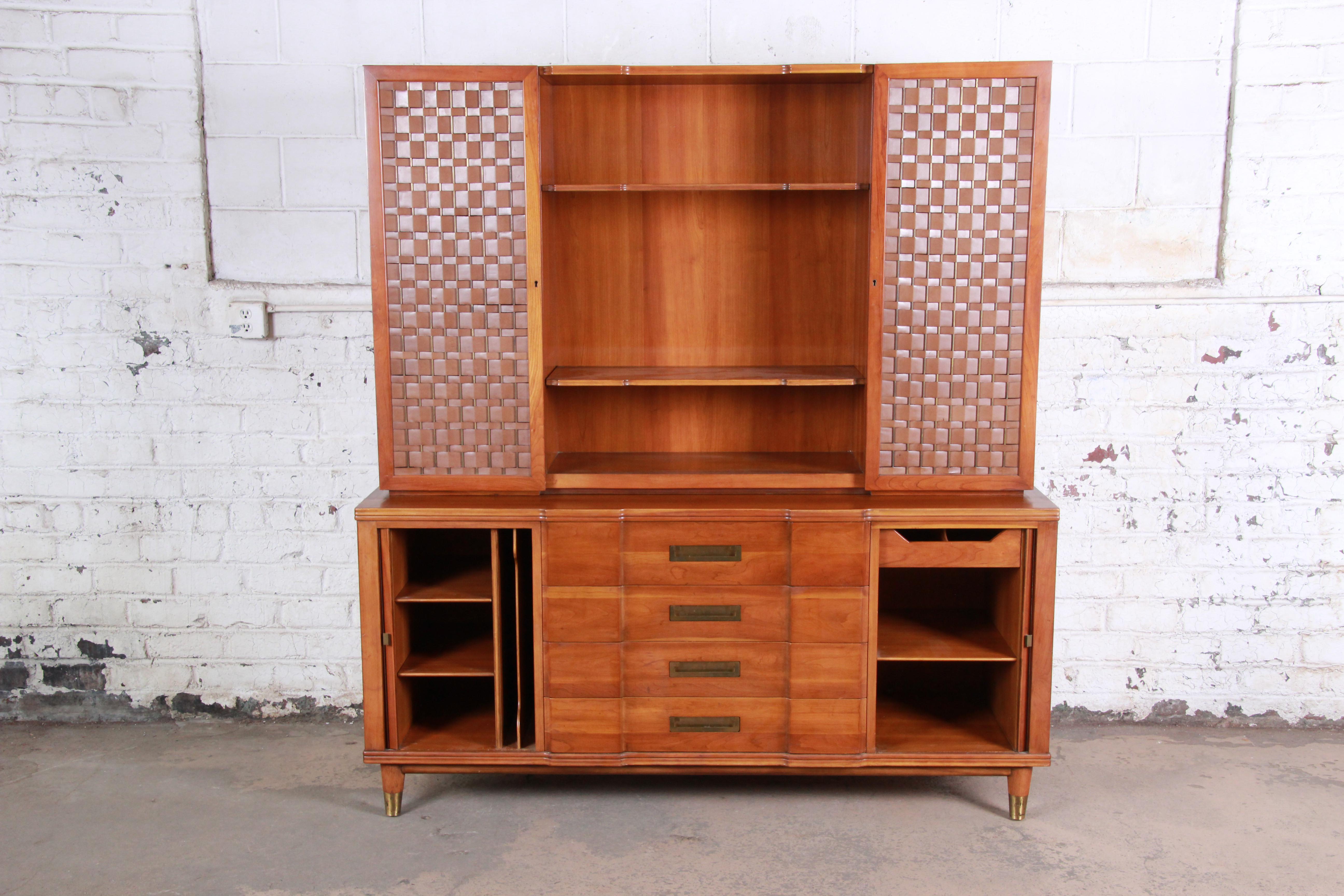 American John Widdicomb Cherry Sideboard Credenza with Woven Leather and Brass Hutch