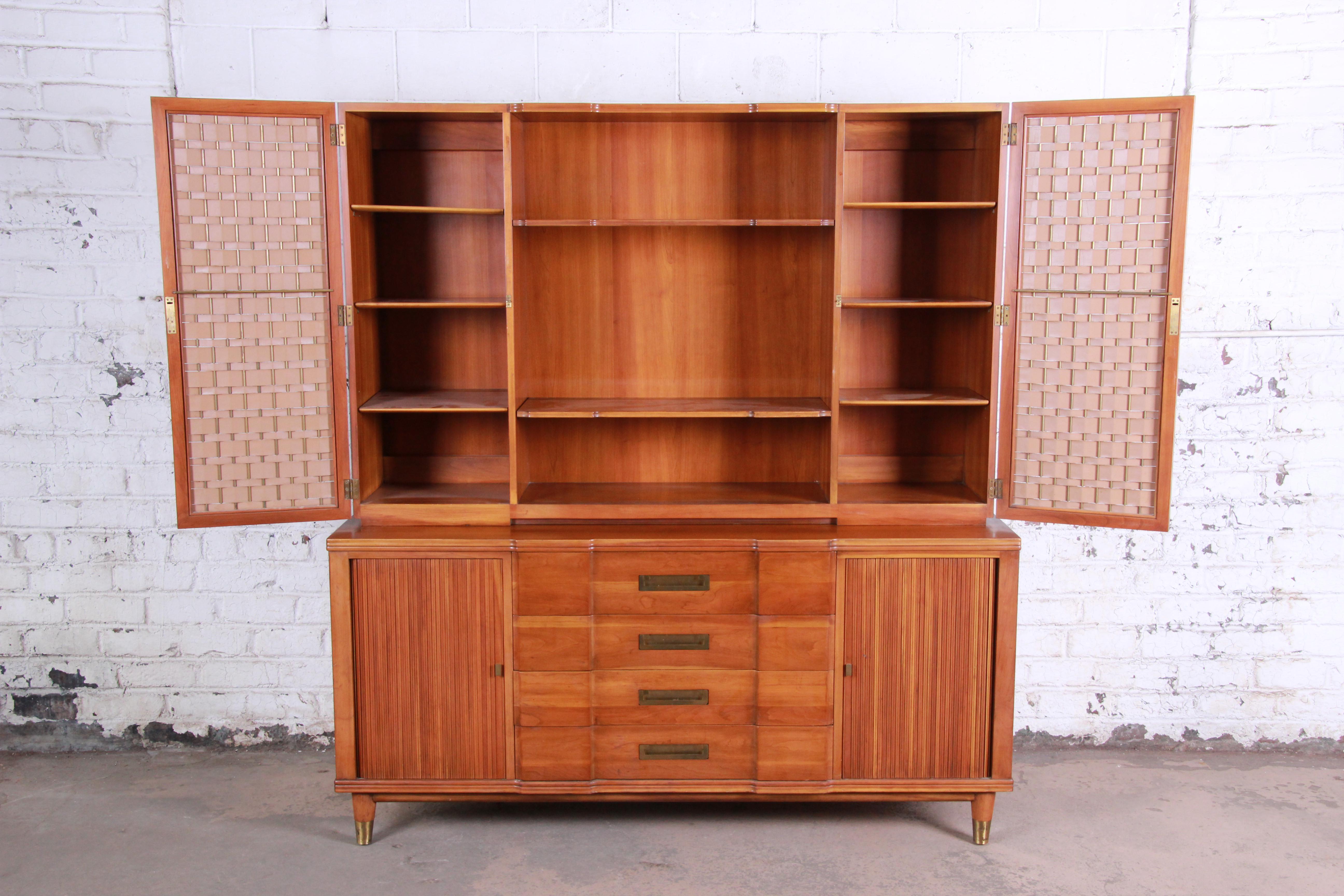 John Widdicomb Cherry Sideboard Credenza with Woven Leather and Brass Hutch In Good Condition In South Bend, IN