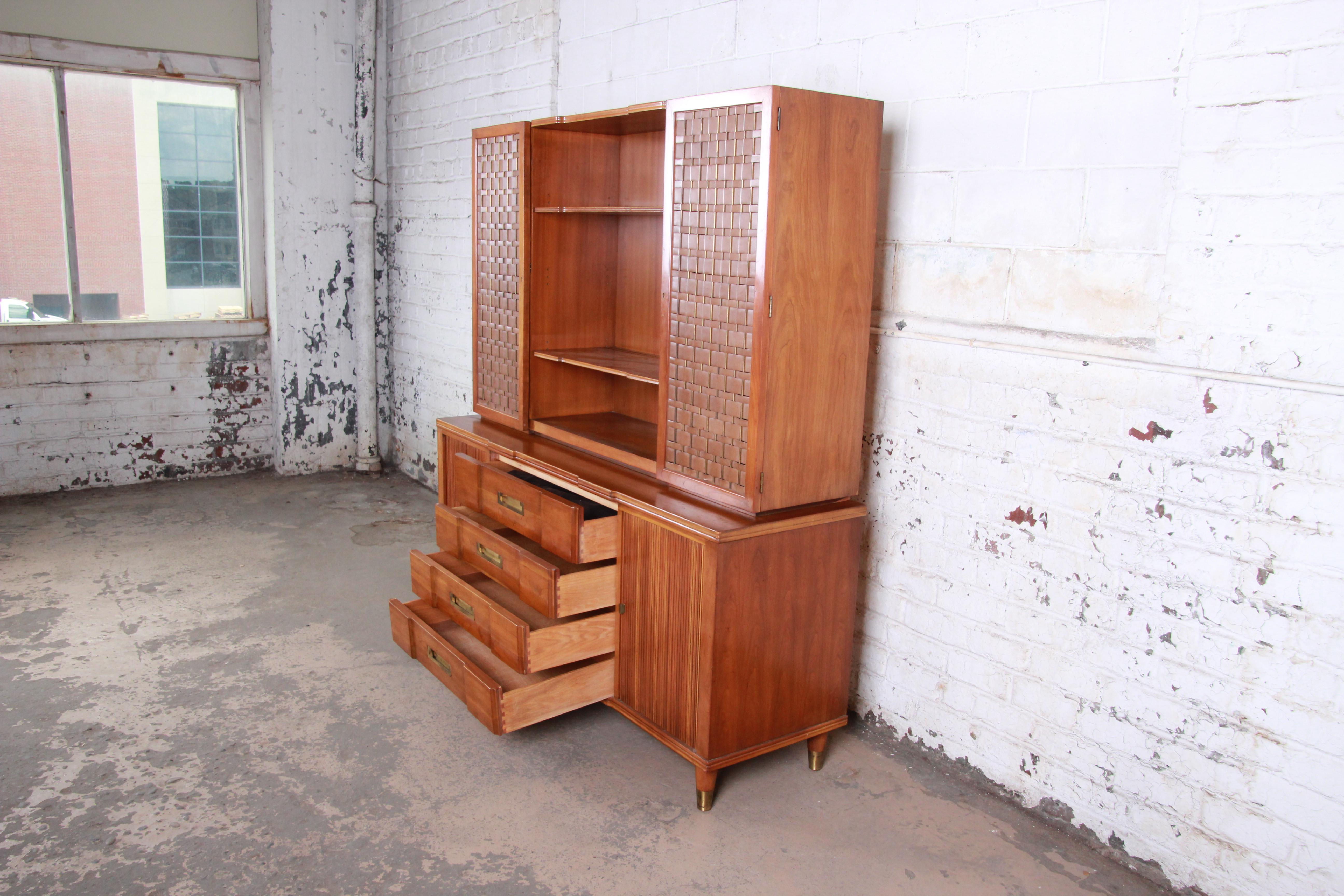 Mid-20th Century John Widdicomb Cherry Sideboard Credenza with Woven Leather and Brass Hutch