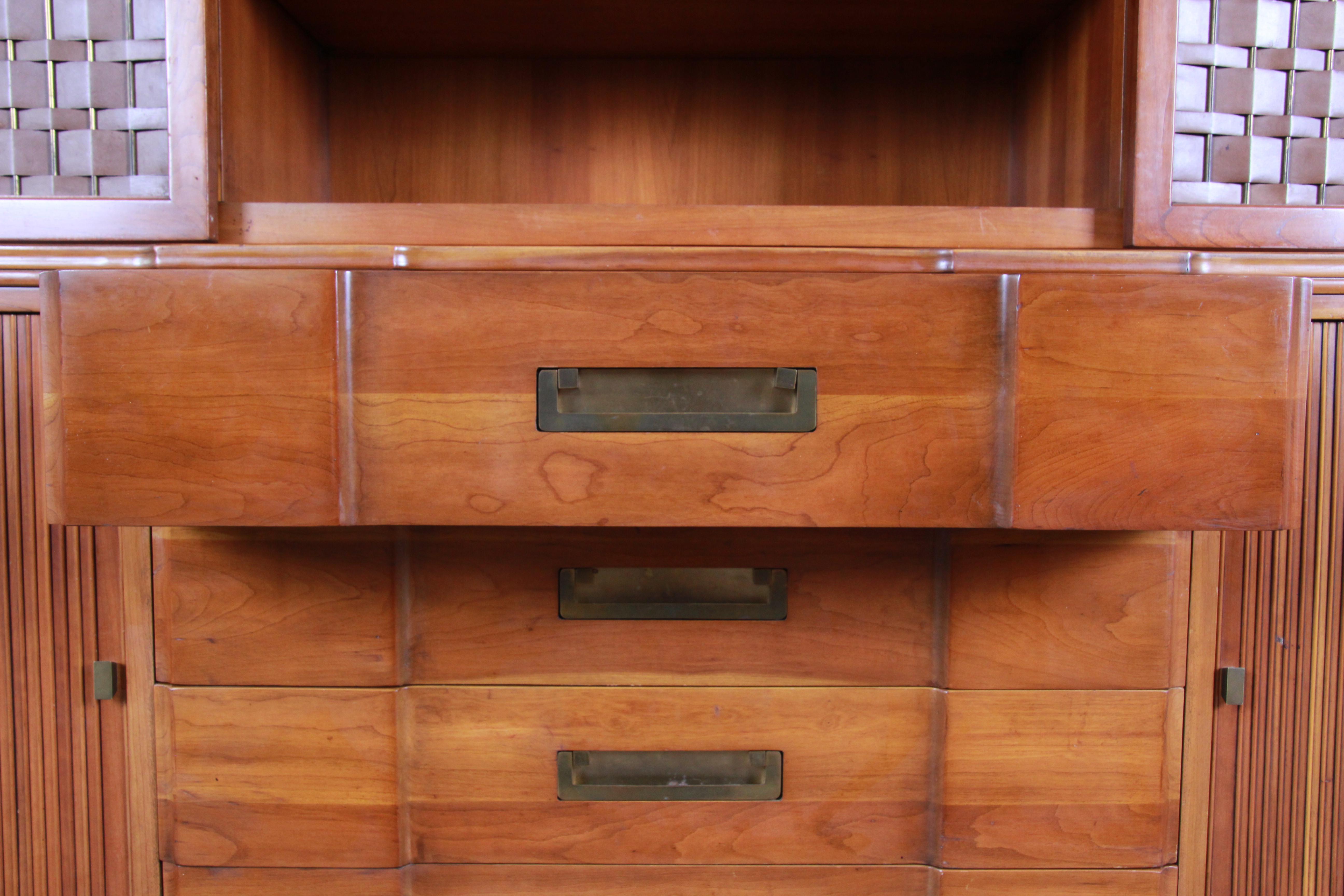 John Widdicomb Cherry Sideboard Credenza with Woven Leather and Brass Hutch 1