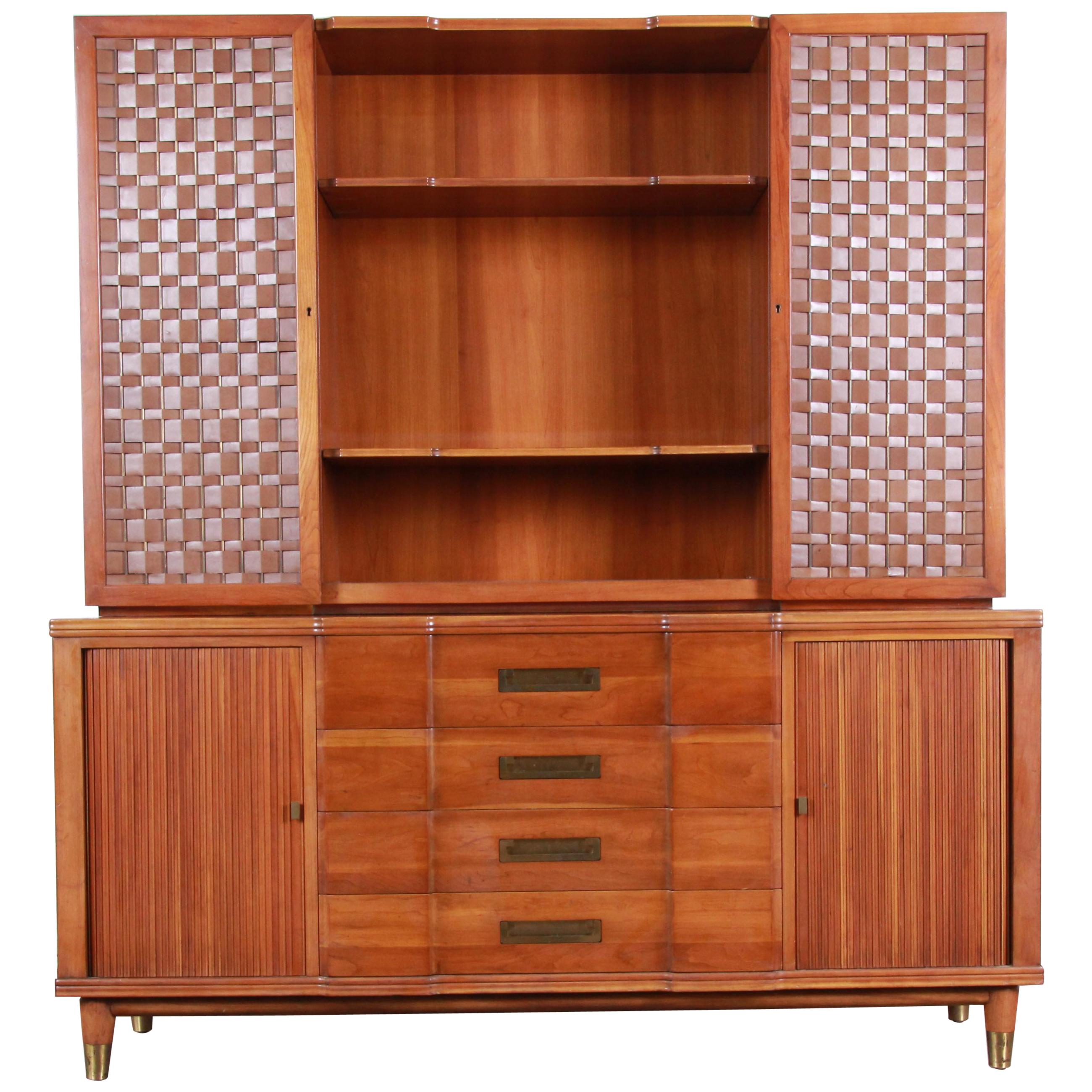 John Widdicomb Cherry Sideboard Credenza with Woven Leather and Brass Hutch