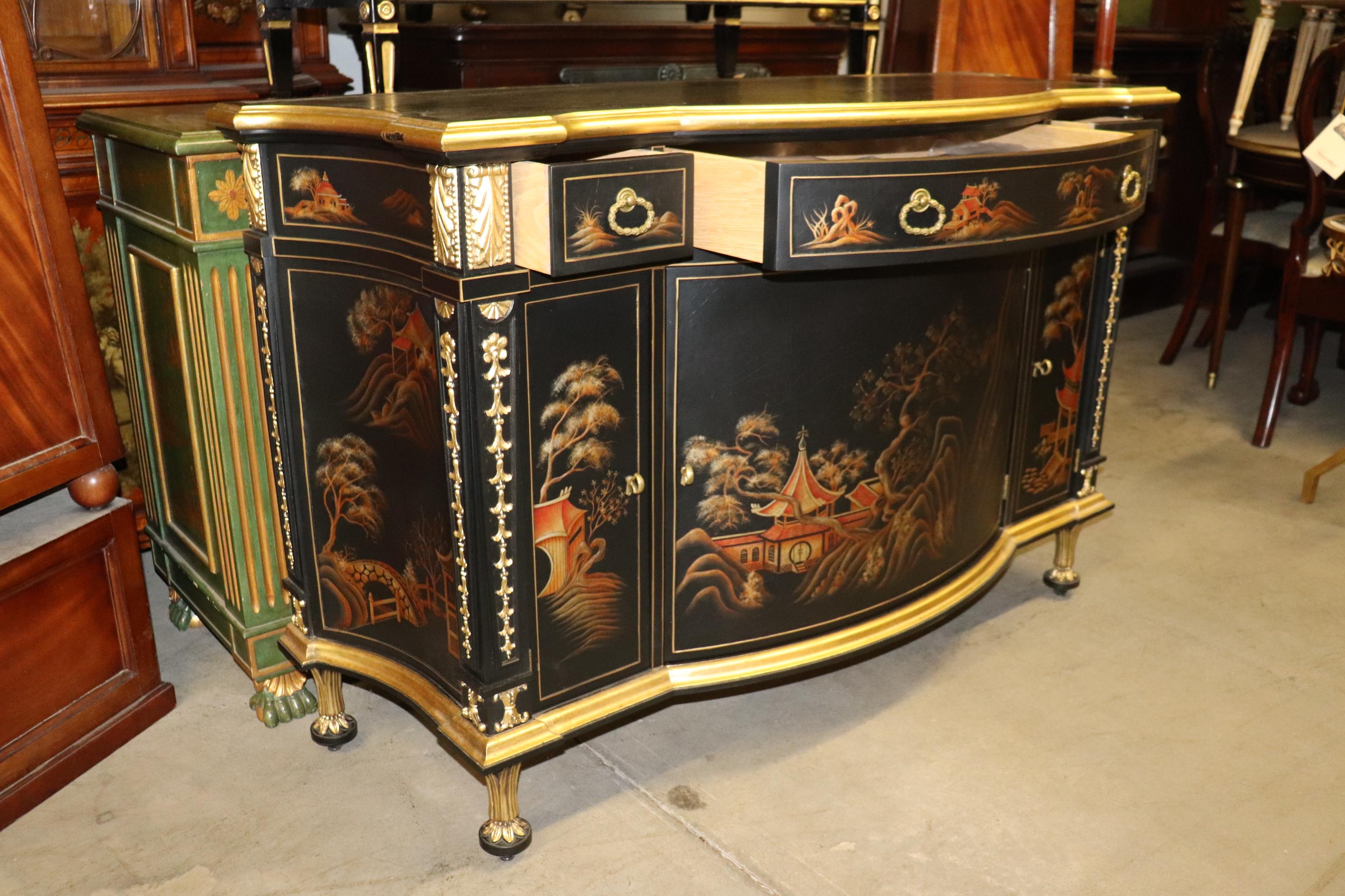 Mahogany John Widdicomb Chinoiserie Paint Decorated Commode Buffet with Gilded Details  For Sale