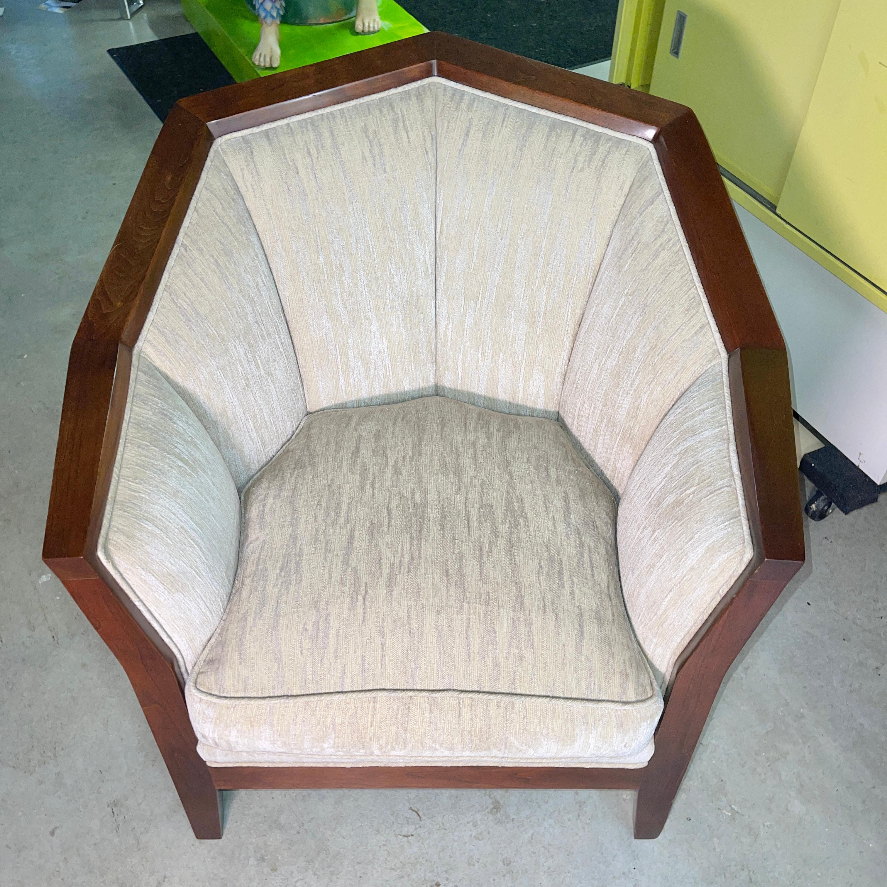 John Widdicomb upholstered club chair in cherry wood frame styled after Pierre Chareau's iconic Fauteuil MF172.

Overall dimensions: 33” W x 32 1/2” D x 31” H
Seat height 18 3/4”, Seat depth 19 3/4” Arm height 25”

Very clean overall. 

Per
