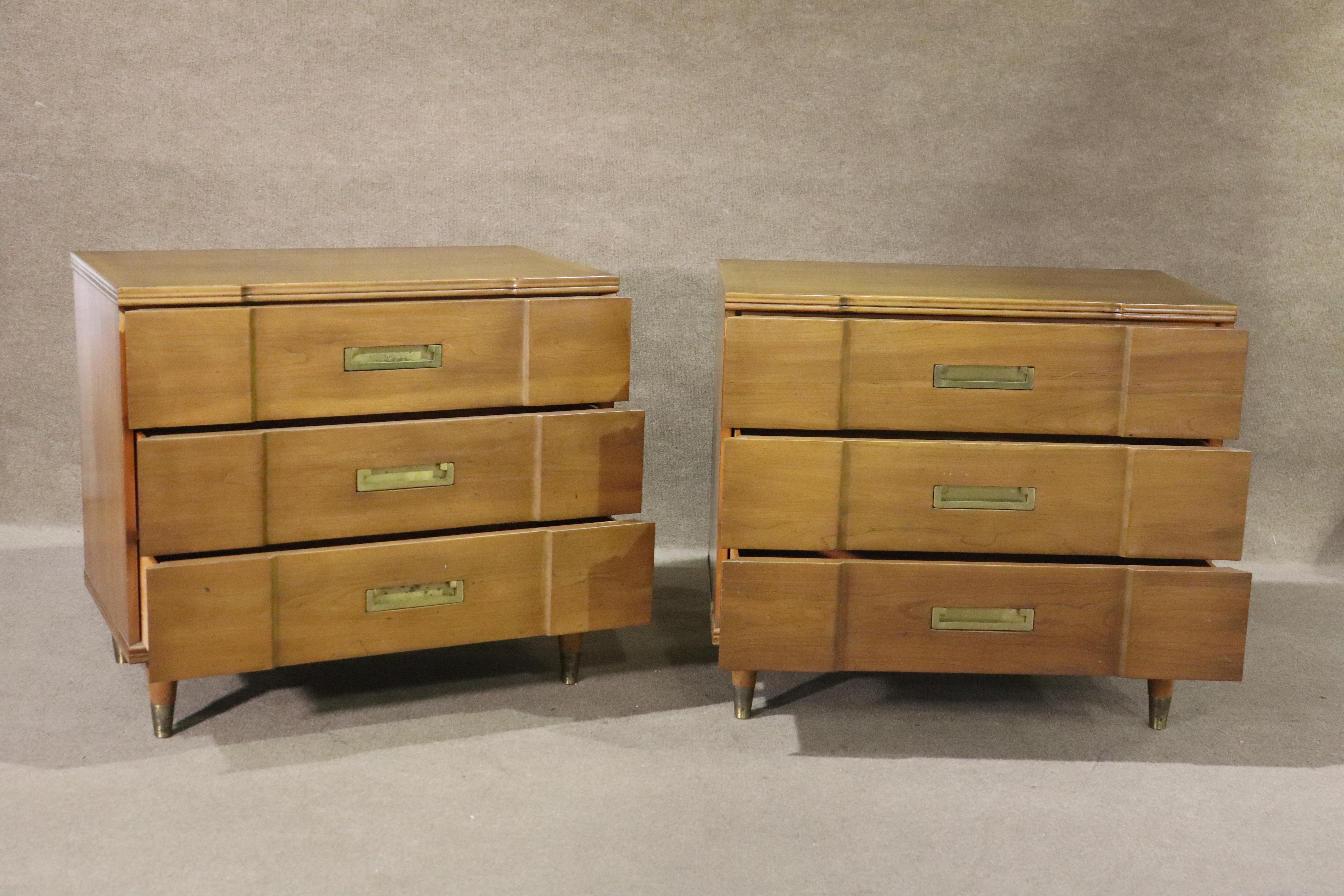 Pair of matching chests made by John Widdicomb. Original brass hardware compliments a superlative finish on choice fruitwood. Great style and form.
Please confirm location NY or NJ