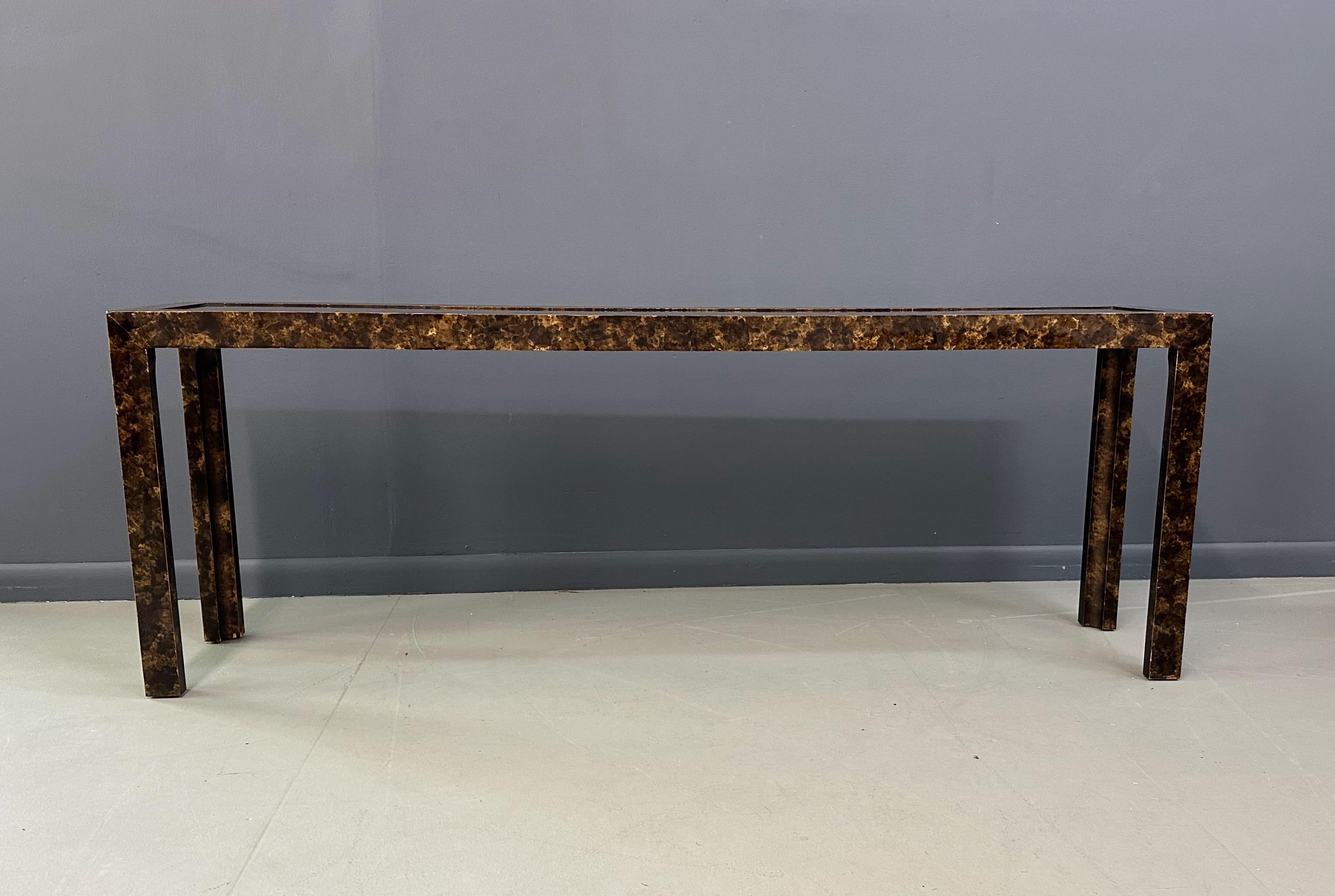 John Widdicomb Faux Tortoise Shell Console/Sofa Table with Patinated Brass Top 4
