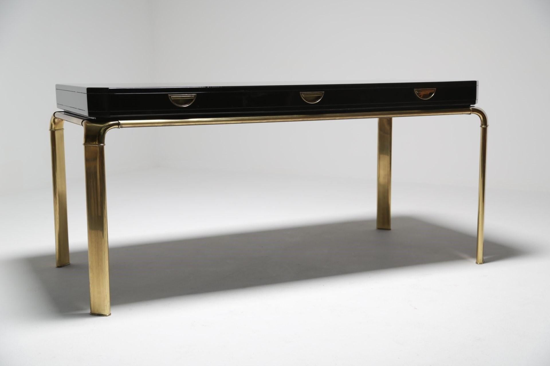 Mid-Century Modern John Widdicomb for Mastercraft Black Lacquered and Brass Desk For Sale
