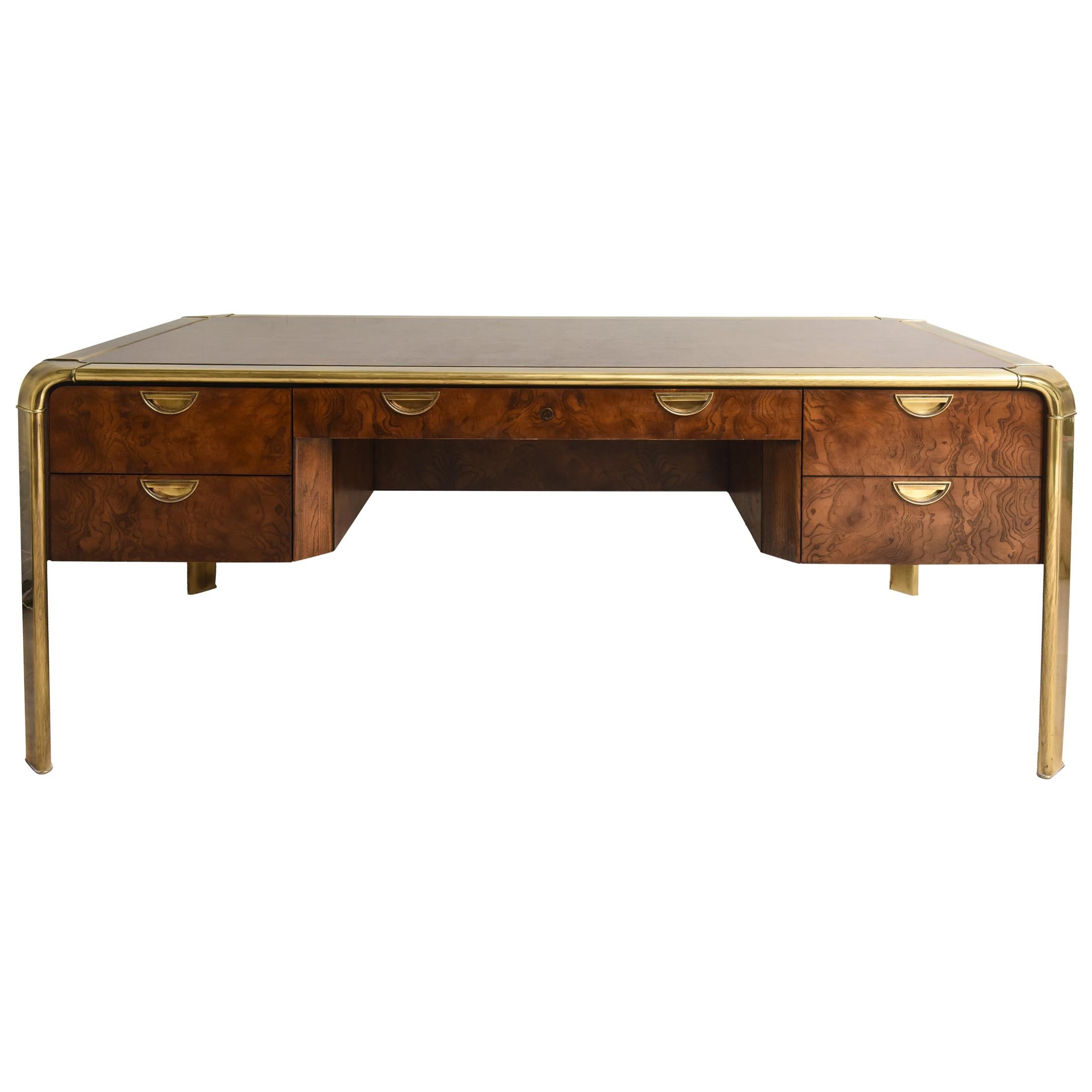 John Widdicomb for Mastercraft Burled Wood Desk with Brass Hardware