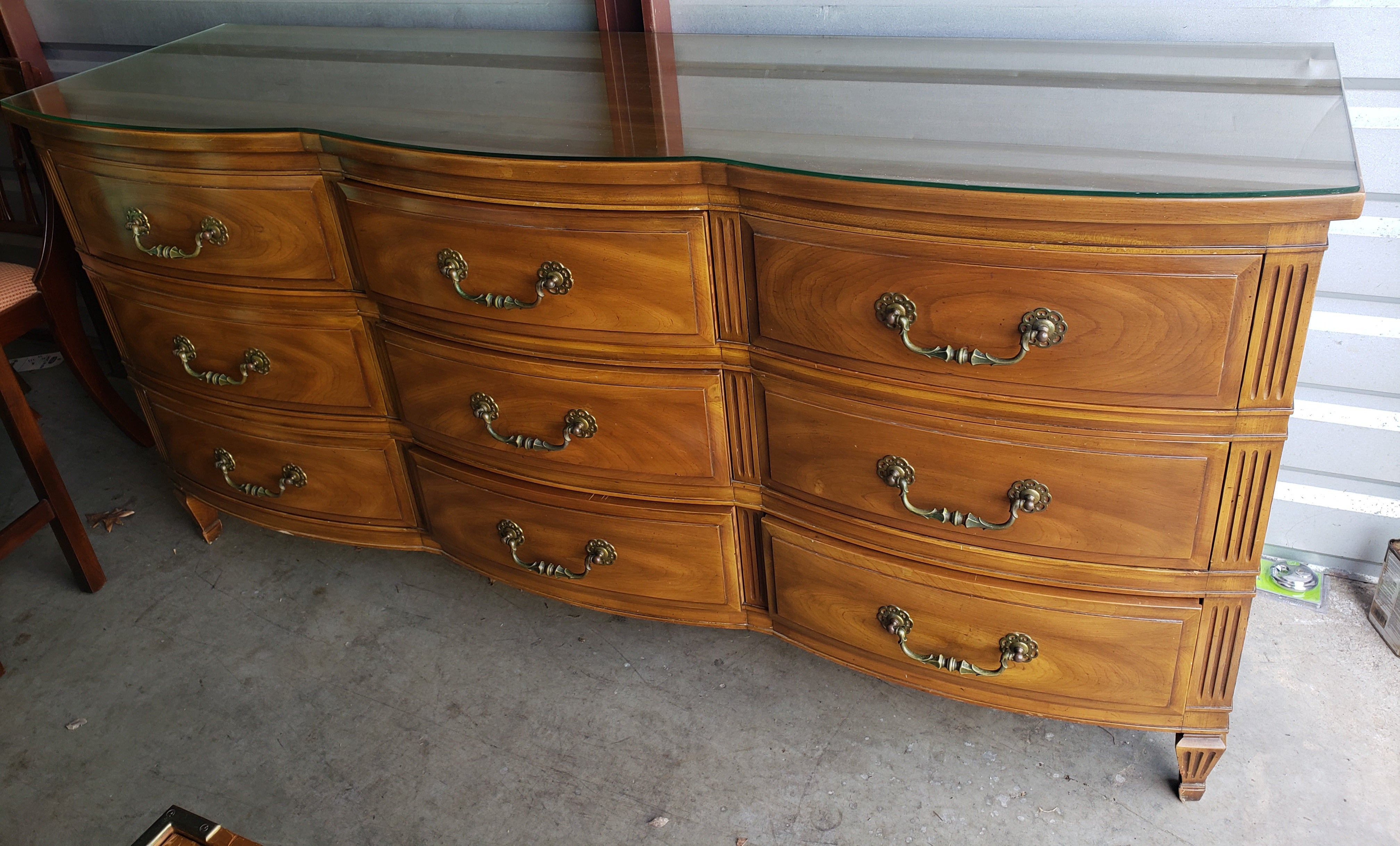 John Widdicomb French Country Serpentine Dresser with Glass Top, circa 1950s For Sale 7