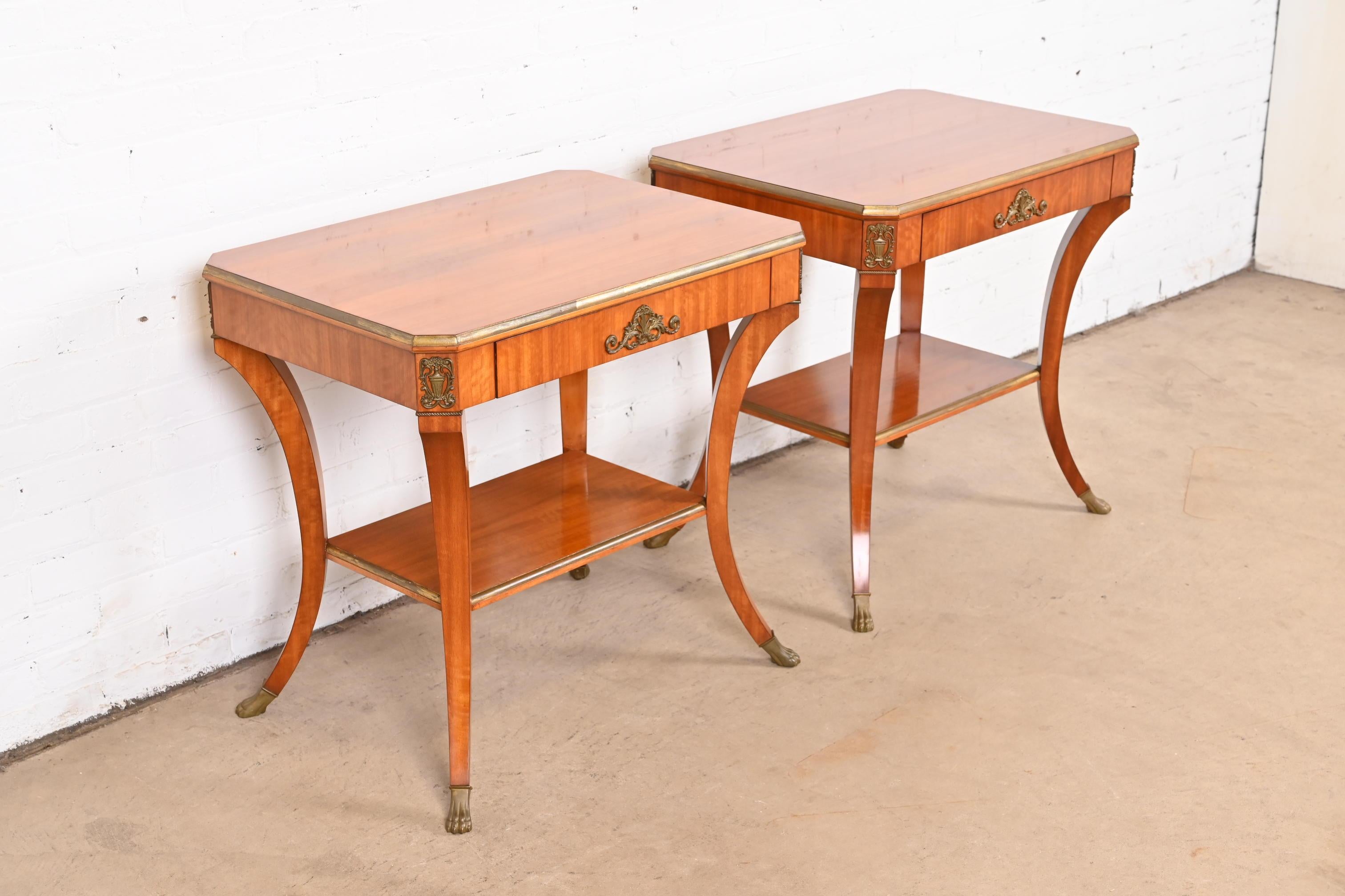 20th Century John Widdicomb French Empire Satinwood Nightstands With Mounted Ormolu, Pair For Sale