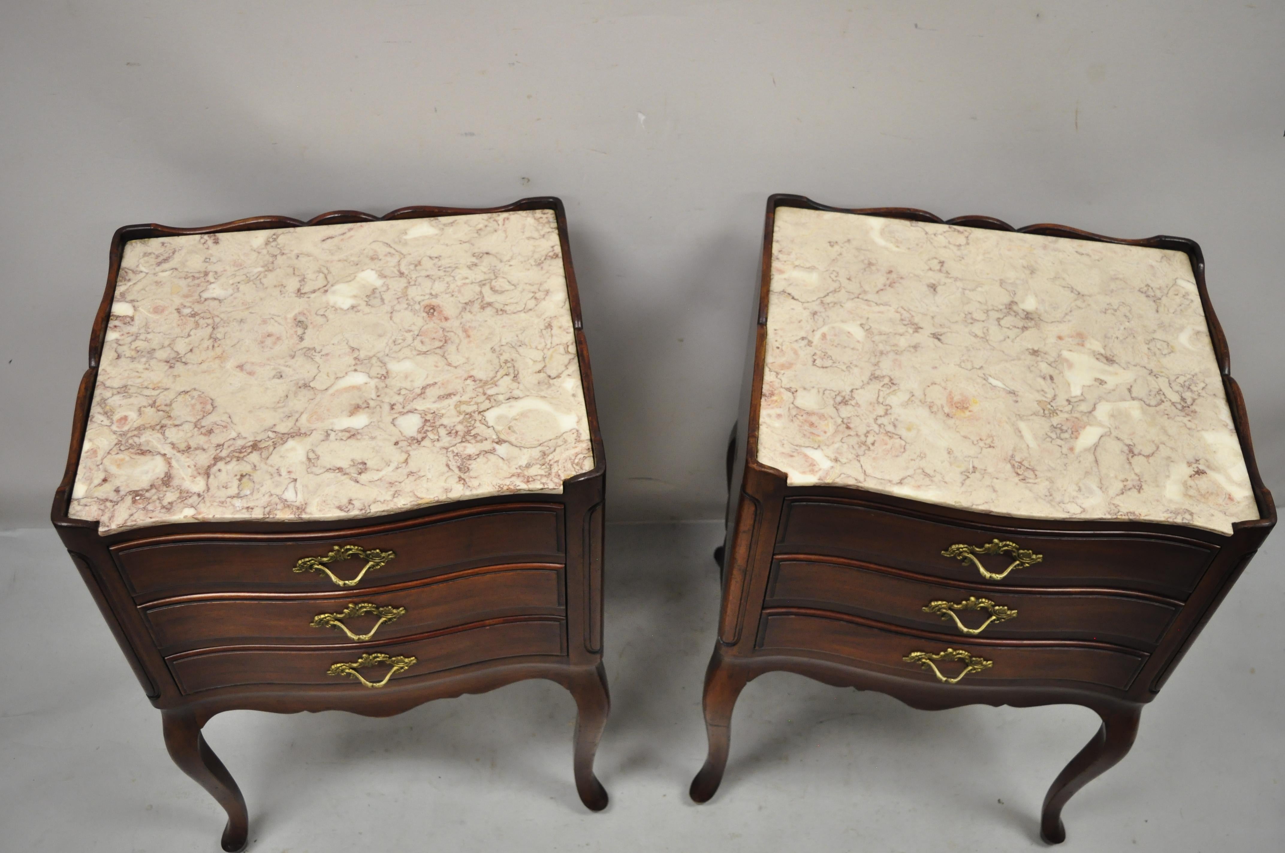 Country John Widdicomb French Provincial Cherry Wood Pink Marble Top Nightstand, a Pair
