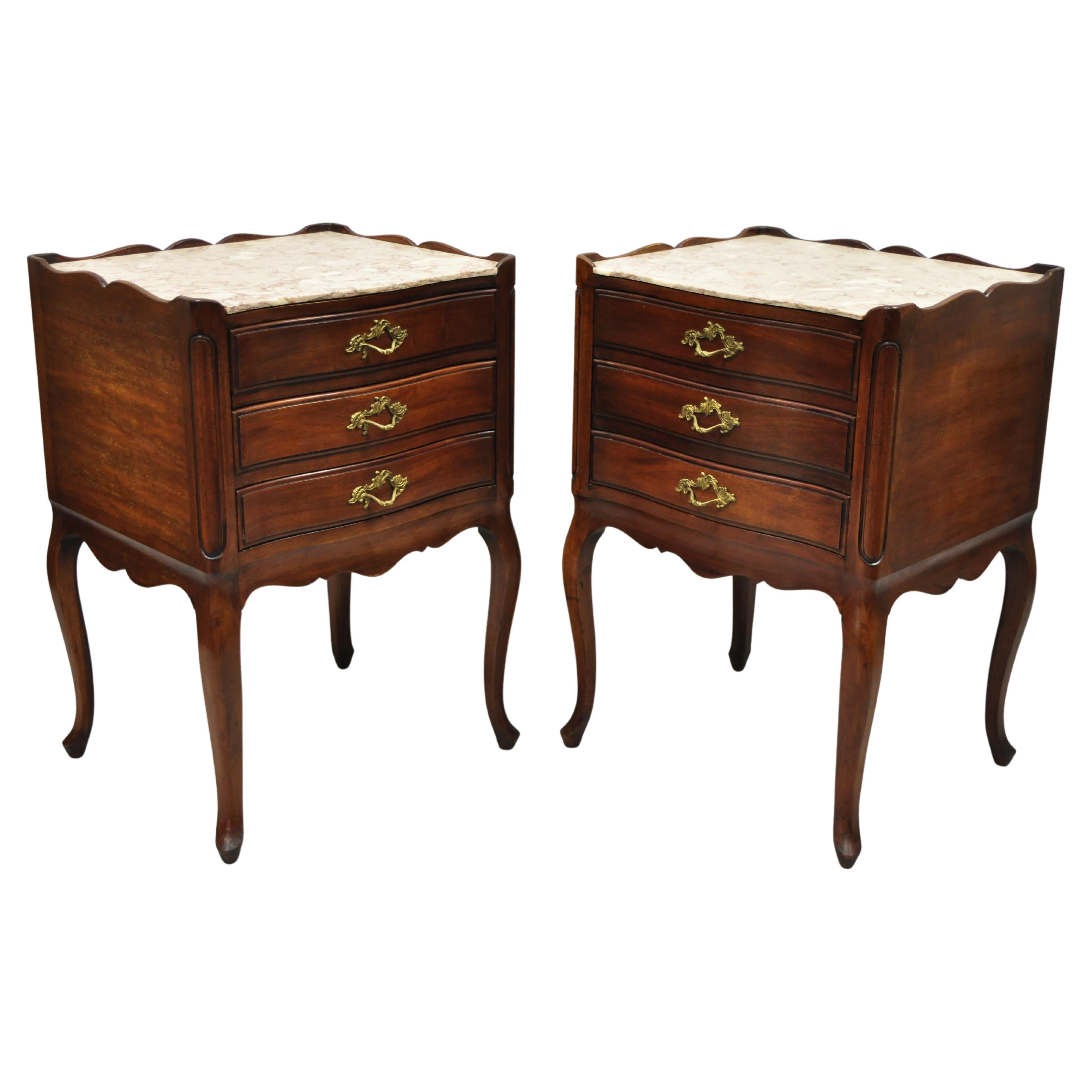 John Widdicomb French Provincial Cherry Wood Pink Marble Top Nightstand, a Pair