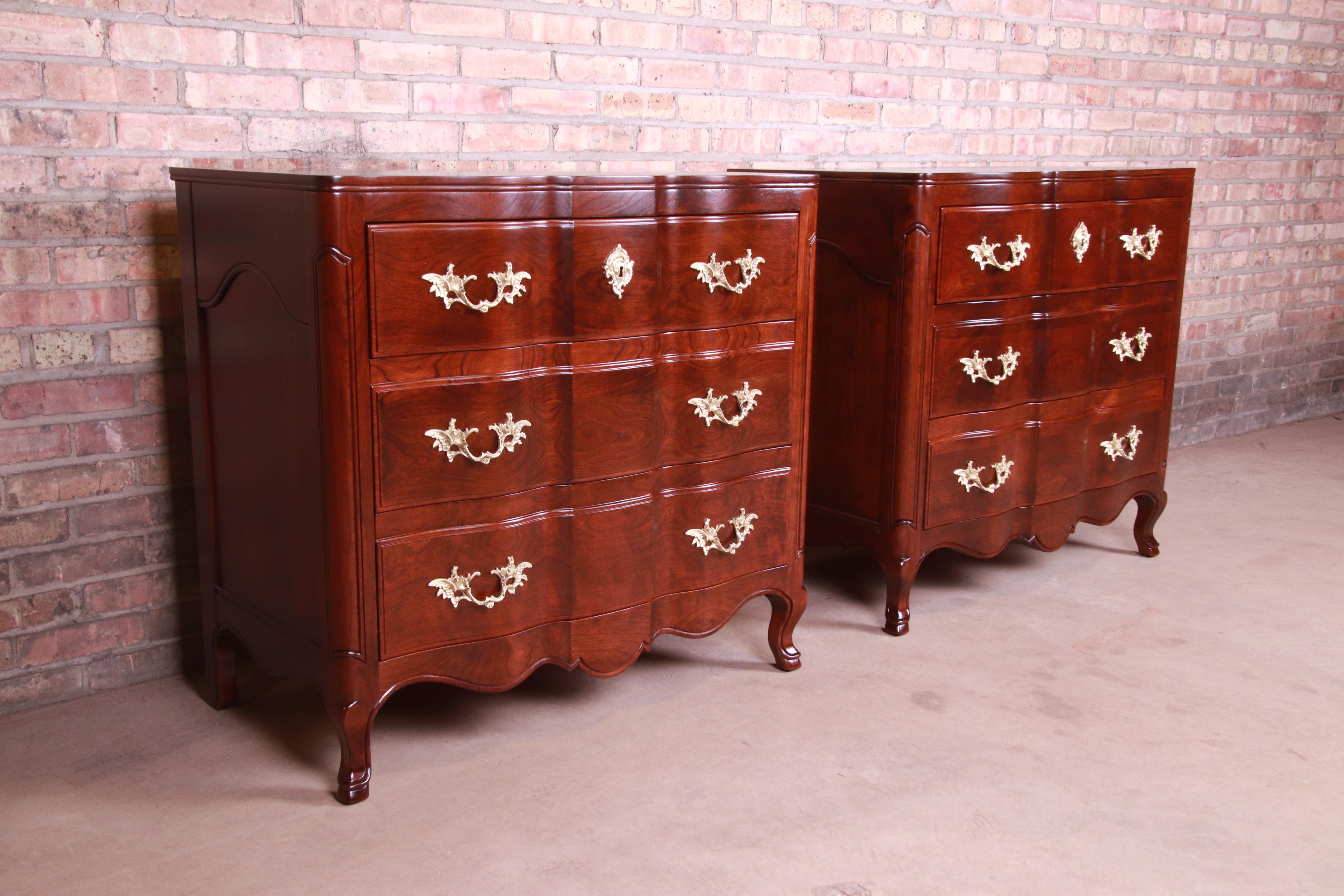 Brass John Widdicomb French Provincial Louis XV Bedside Chests, Newly Refinished For Sale